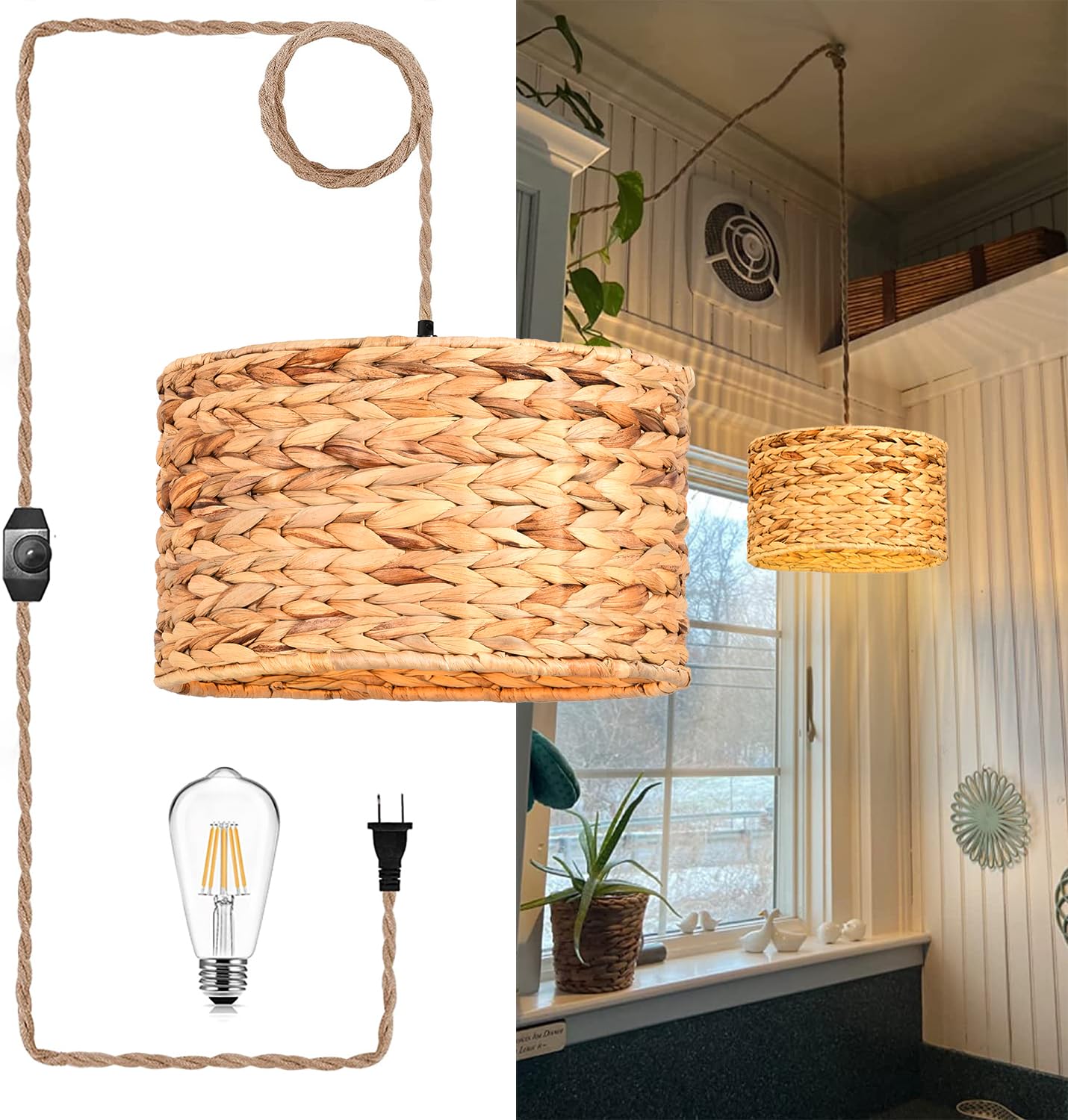 ZECOXOL Rattan Pendant Light Indoor Hanging Lamp with Dimmable Switch, 11.8 inch, Metal, Straight Tube Design