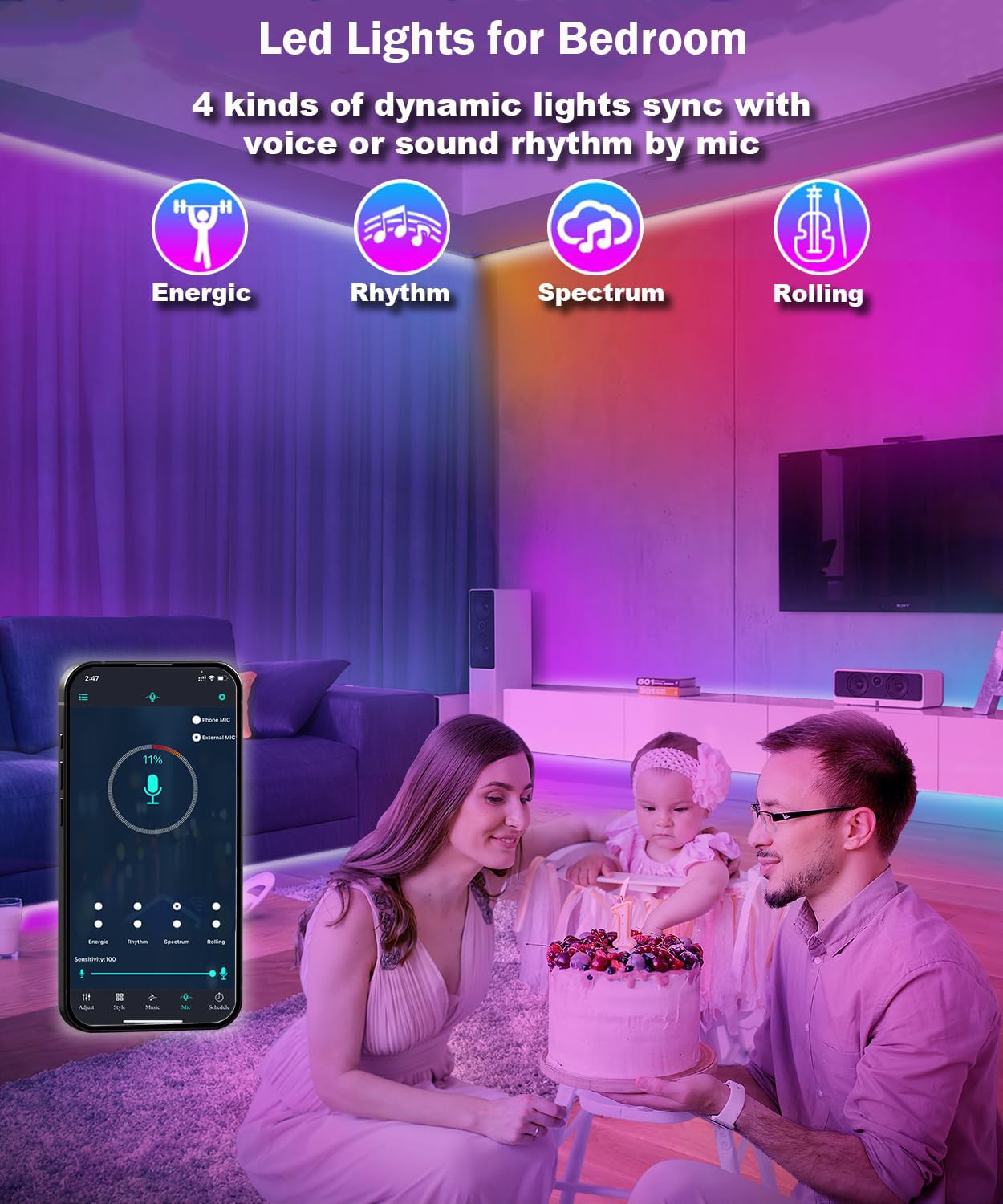 Dtqj Led Strip Lights For Bedroom 33 Ft, Ic-Rgb Led Lights For Room With Remote Bluetooth App Control, Usb Led Light Strip For A