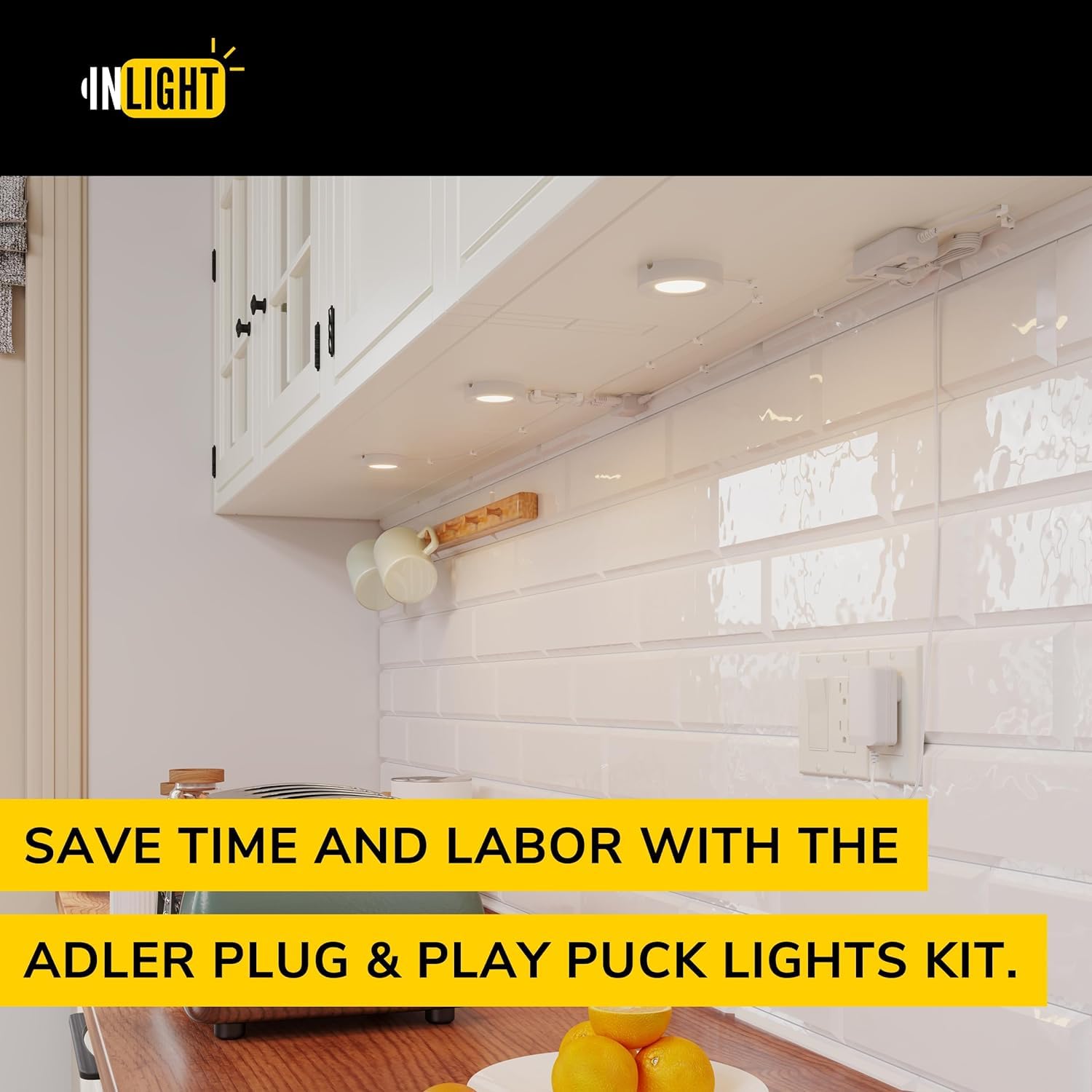 GETINLIGHT Dimmable LED Puck Lights Kit, 3-Pucks, 3000K, Black, Model IN-0102-3-BK, Plug-in Installation, Recessed