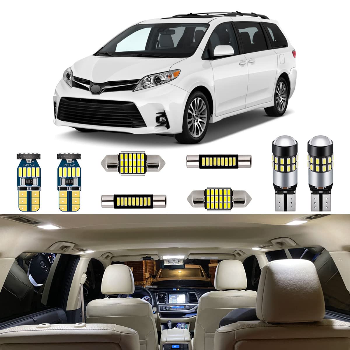 AUTOGINE 15 Piece White Interior LED Lights Kit for Toyota Sienna 2011 2012 2013 2014 2015 2016 2017 2018 2019 2020 2021 Super Bright 6000K Interior LED Light Bulbs Package + Install Tool
