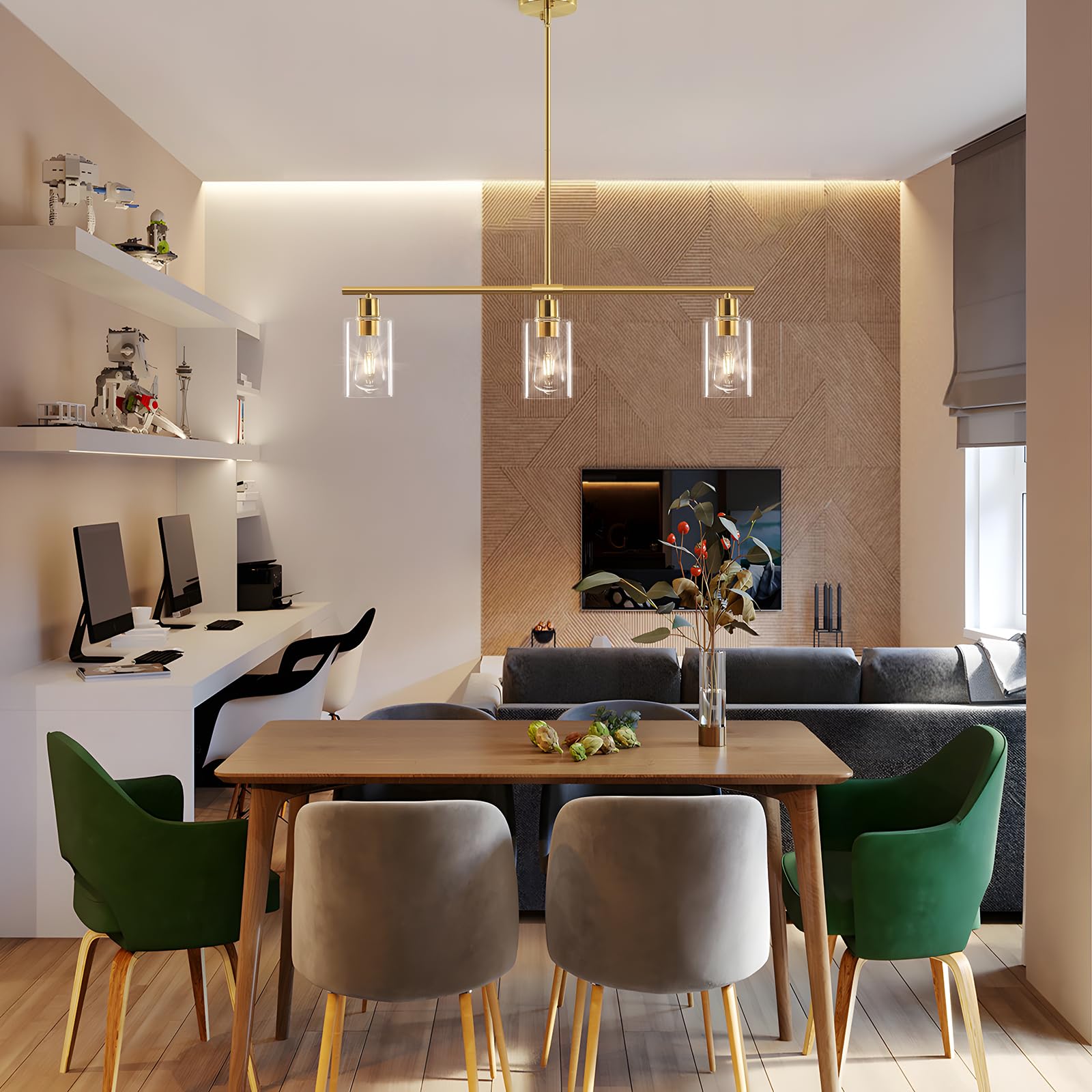 Yarlkav 3-Light Kitchen Island Lighting - Gold Metal Linear Chandelier with Glass Shades, Model D0068-3-BR for Dining Room