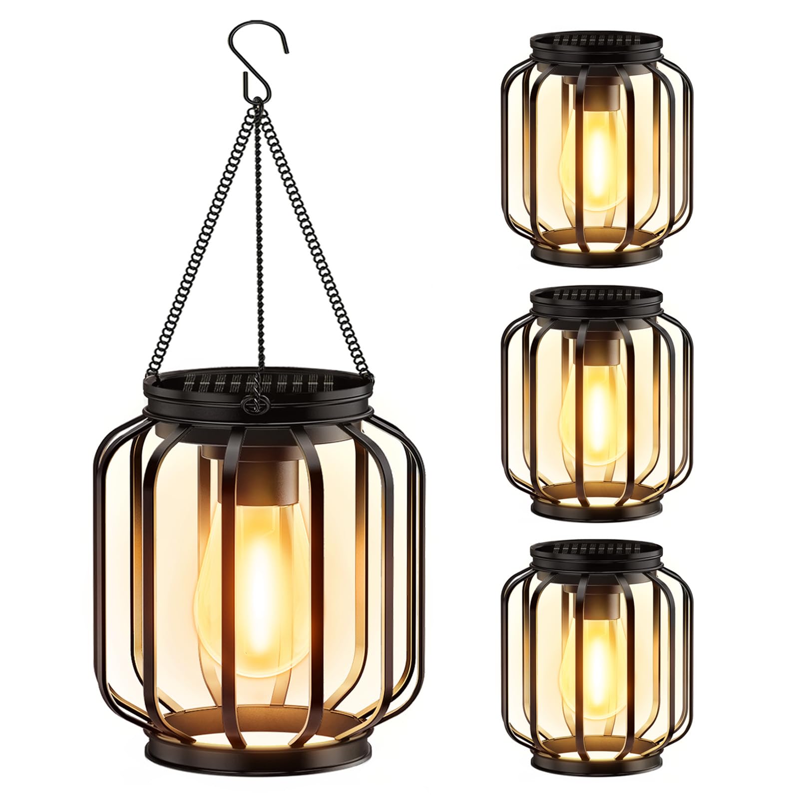 Solar Hanging Lanterns Outdoor Waterproof: 4 Pack Metal Solar-Powered Lights With Hook  Bright Warm Lantern Decor For Outside  Classic Outdoor Lighting For Yard Garden Patio Porch Balcony Decorations