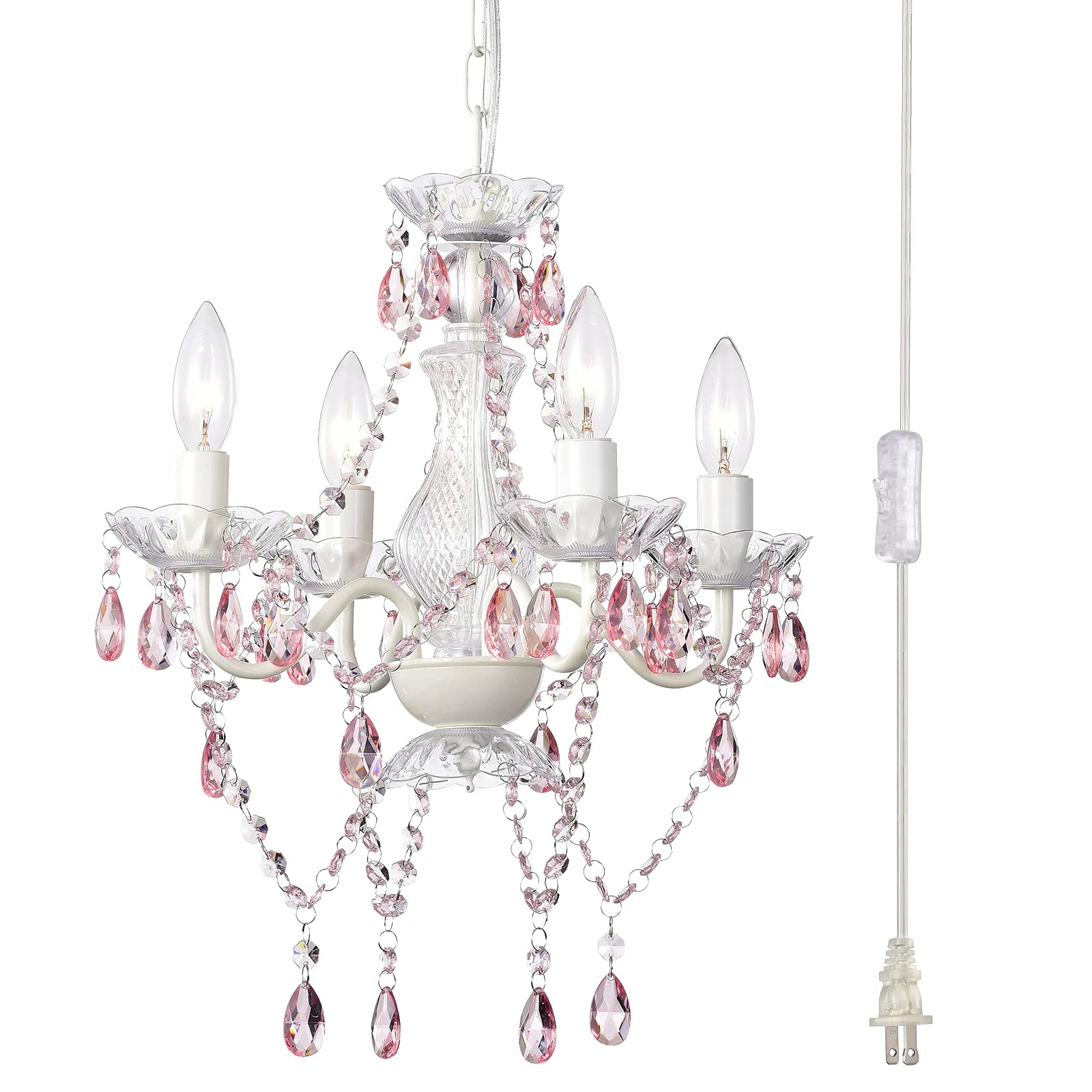 Alighting Pink Plug-In Chandelier - 4 Light White Crystal Accent Swag Lighting, Small Size