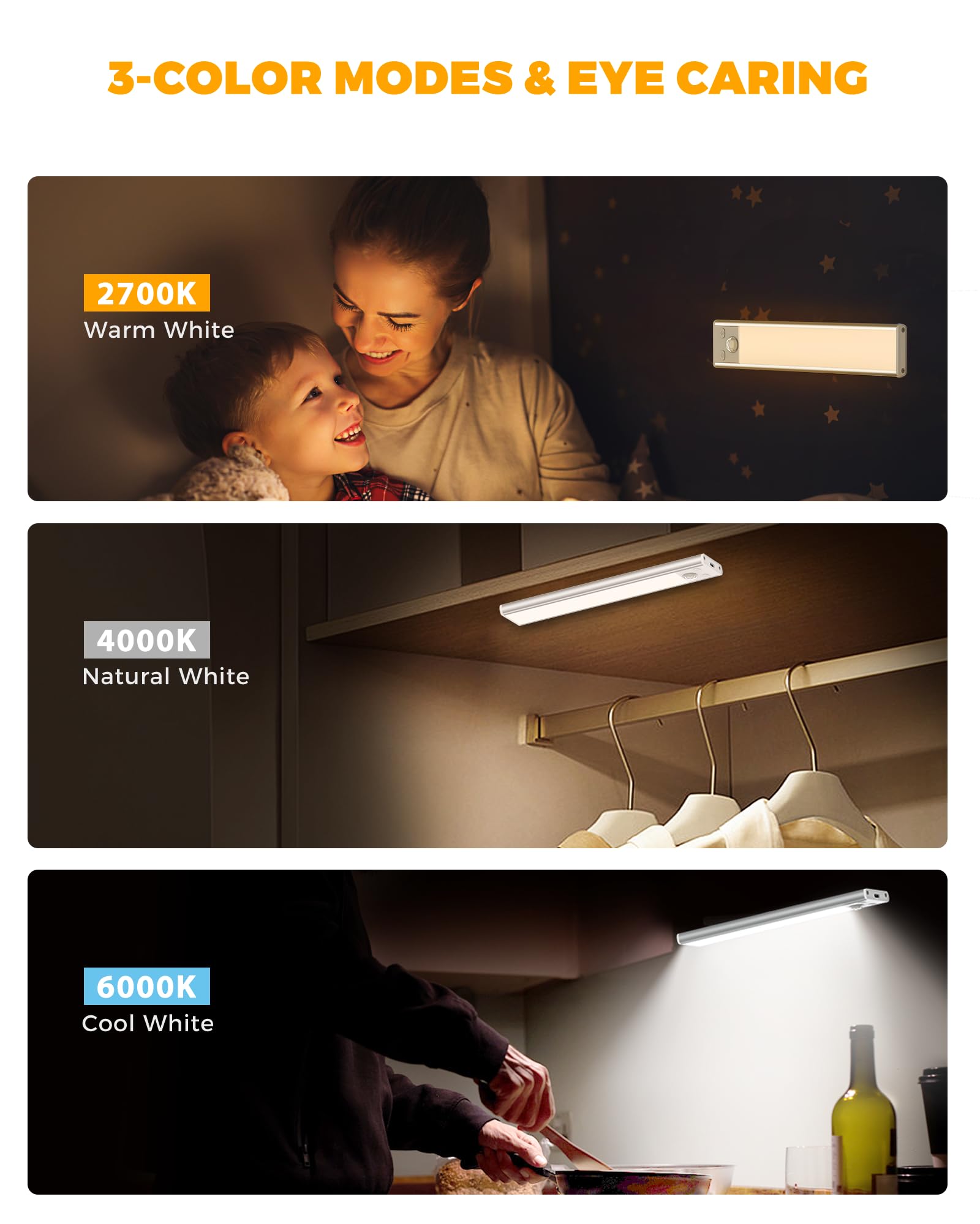 Asoko Under Cabinet Lights Motion Sensor Light Indoor 3-Colors Usb-C Rechargeable Led Closet Lights Battery Operated Wireless Ma