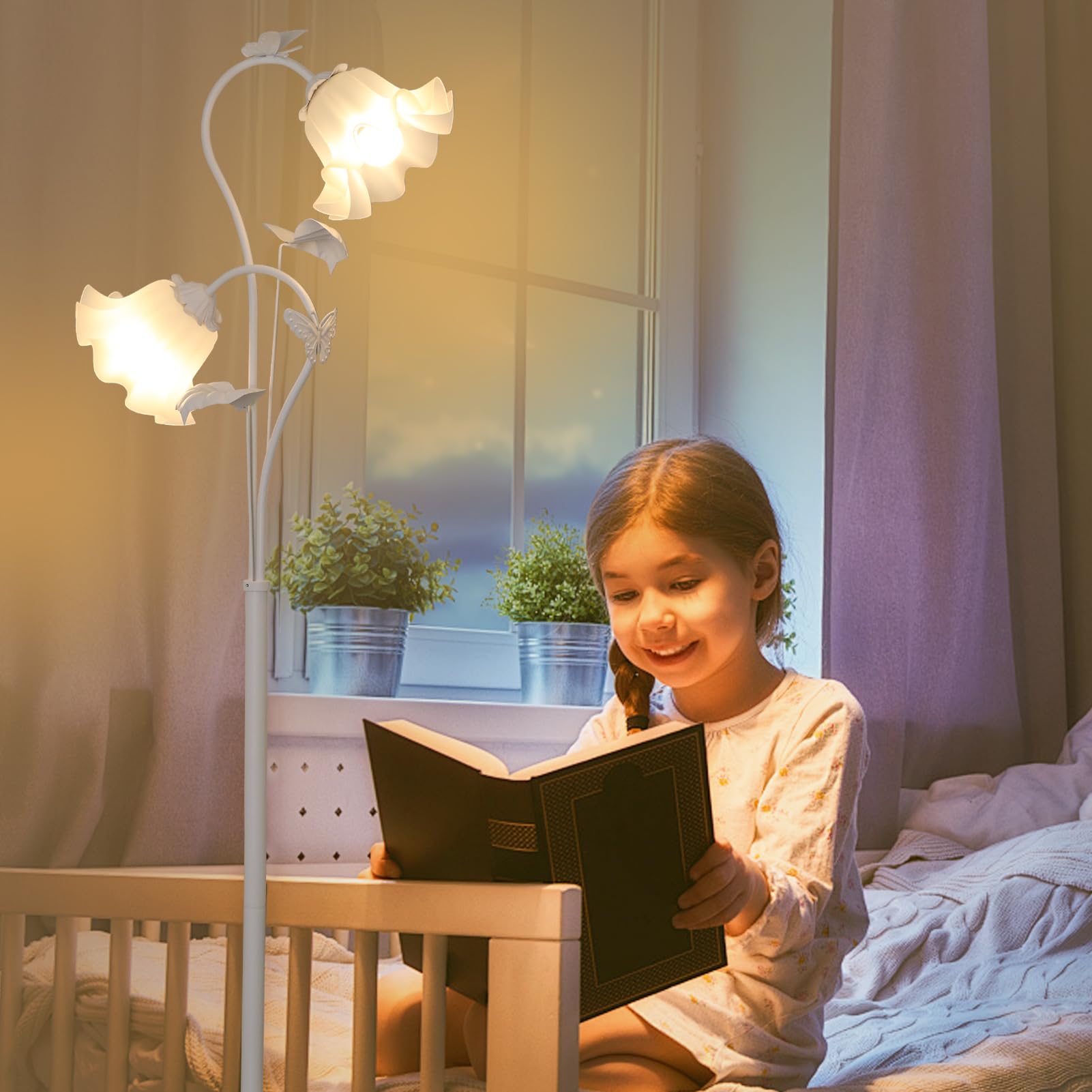 Hmvpl White Flower Standing Lamp, Floral Tall Lamp With 2 Led 5W Blubs, Foot Switch, Modern Corner Floor Lamp With Acrylic Shade