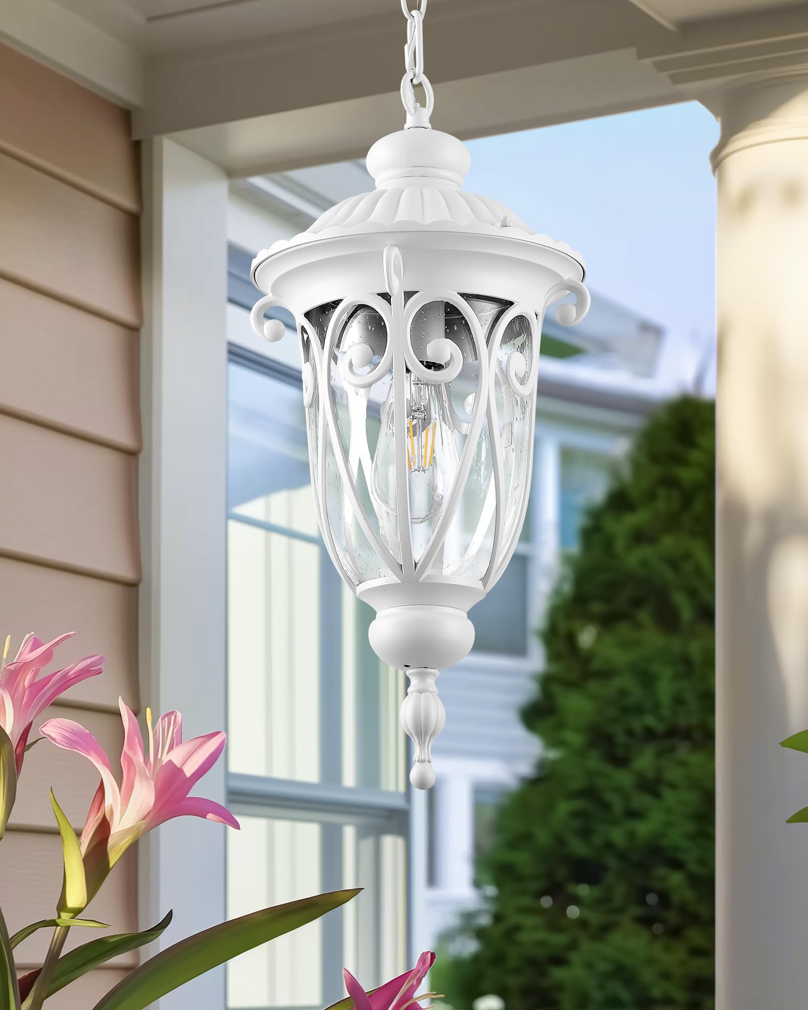 VIANIS Large White Outdoor Pendant Light Lantern, Handcrafted Chandelier with Seed Glass, Model V8323M1.WH for Porch and Garden