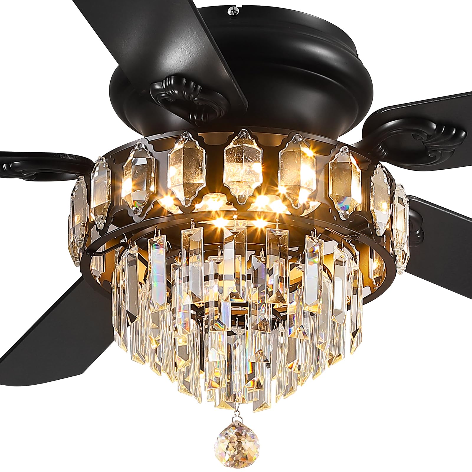 Asyko 52 Low Profile Crystal Ceiling Fan Fandelier with Lights and Remote Control- Retro/Farmhouse Ceiling Fans with Noiseless D