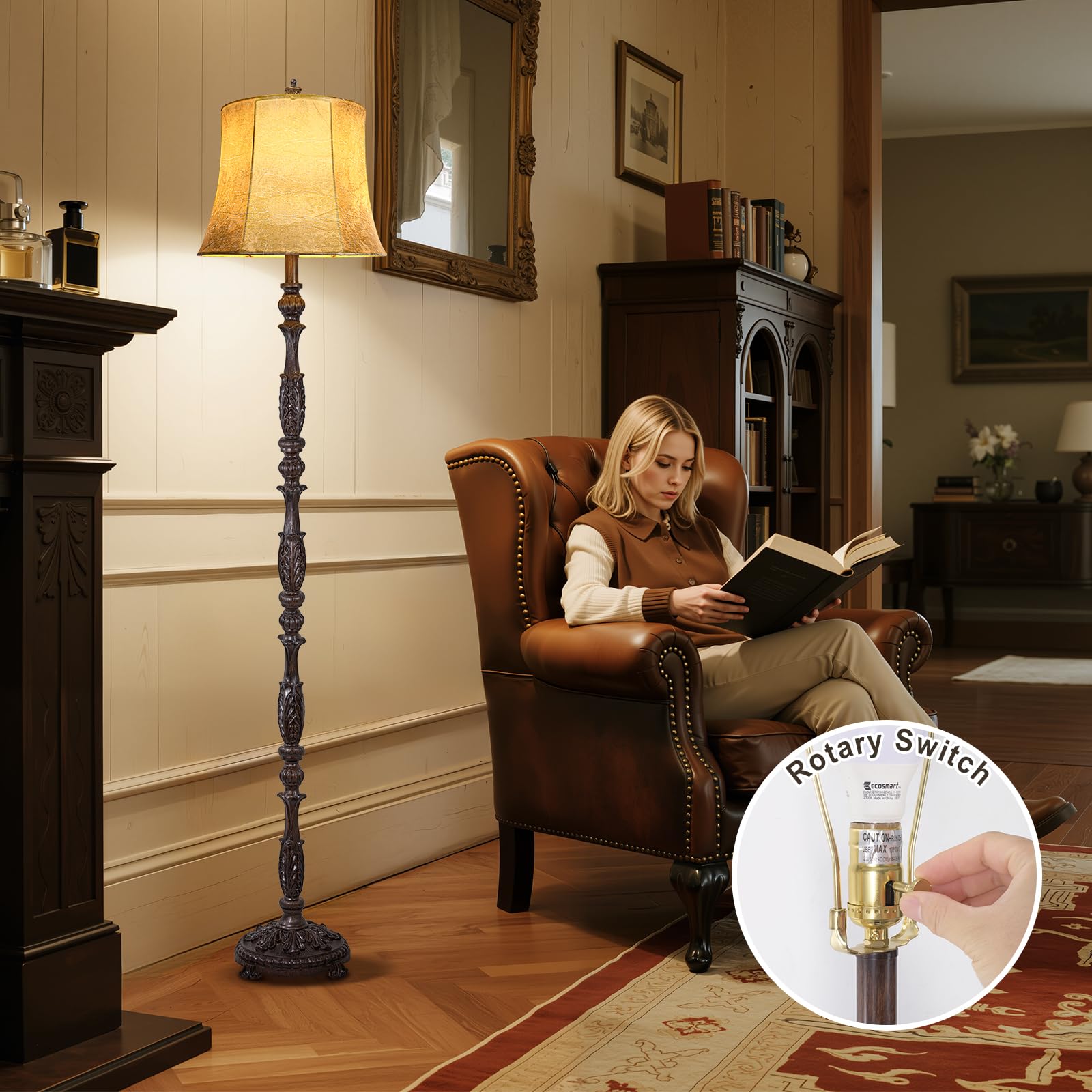 Scenekoy Vintage Floor Lamp, 66·Tall, Dark Brown Resin, Faux Leather Shade, 3-Way Adjustable, Model SL038