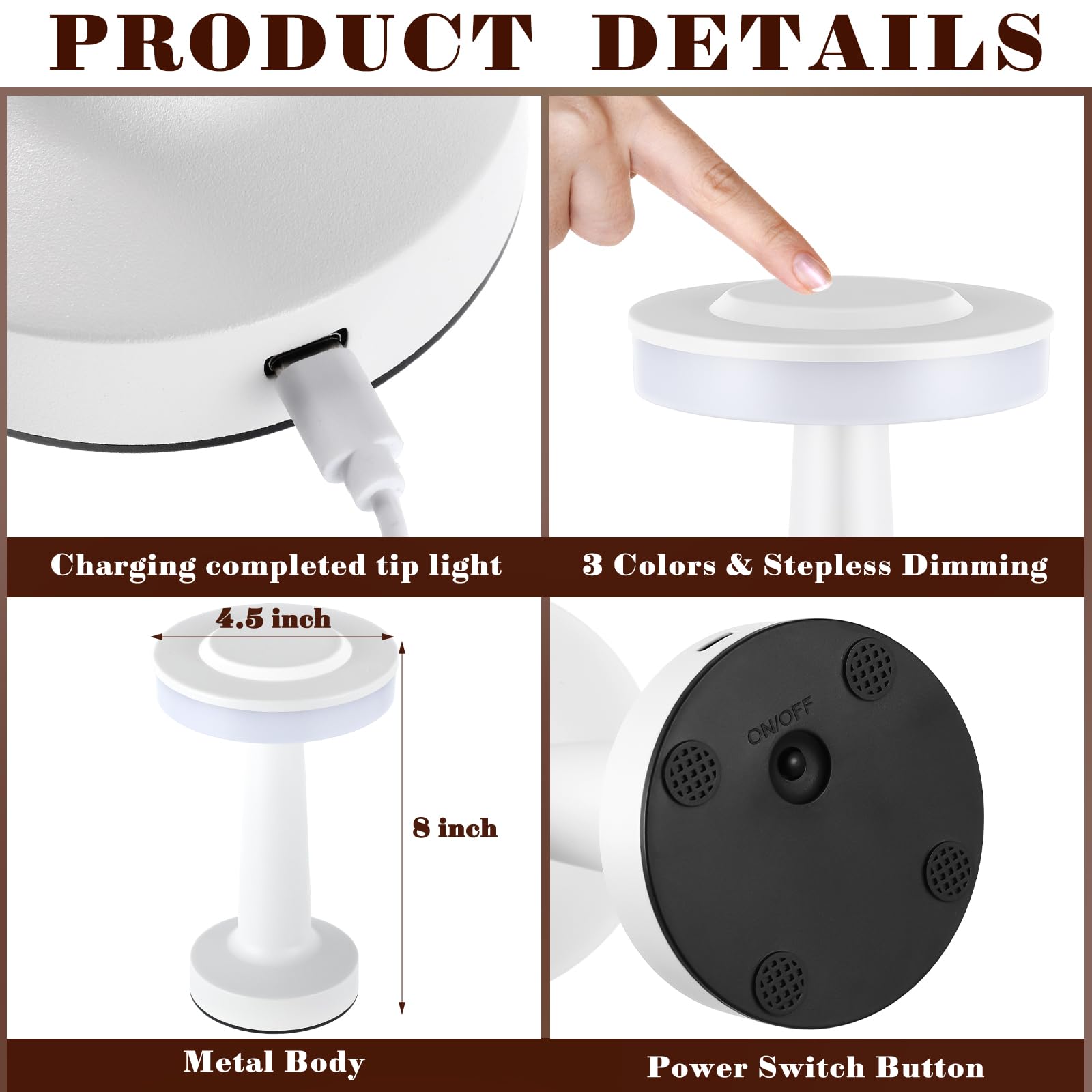 Riakrum LED Portable Cordless Table Lamp, Touch Sensor, 3 Color Dimming, Rechargeable, White, Model SW-Riakrum-660423