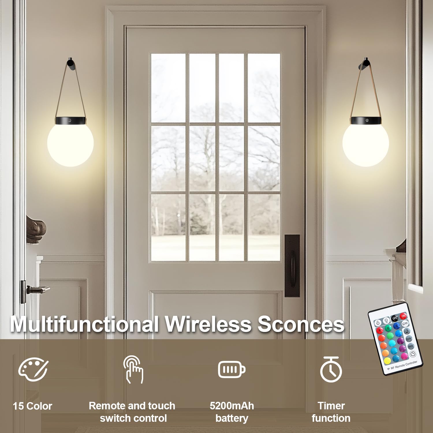 Battery Operated Wall Sconces Set Of 2, Wireless Globe Wall Lights With Remote Control Warm/Natural/Daylight/Rgb 15 Colors Dimma
