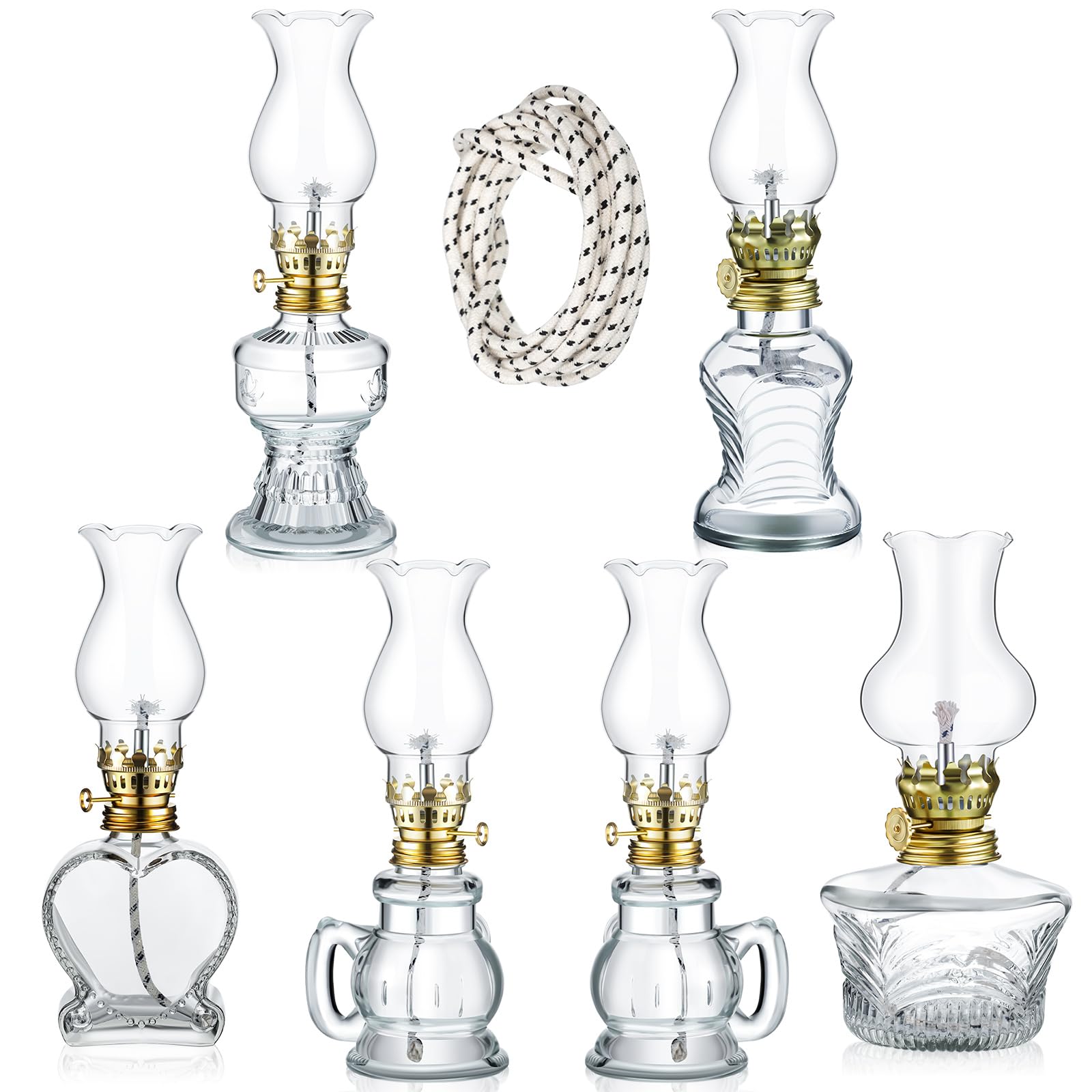 Yexiya 6 Pcs Oil Lamp Vintage Glass Kerosene Lamp Rustic Lantern Chamber Oil Lamps Clear Kerosene Lamp Hurricane Lamp with 6.6 ft Extra Wick for Indoor Use Home Decor Emergency (Adorable Style)