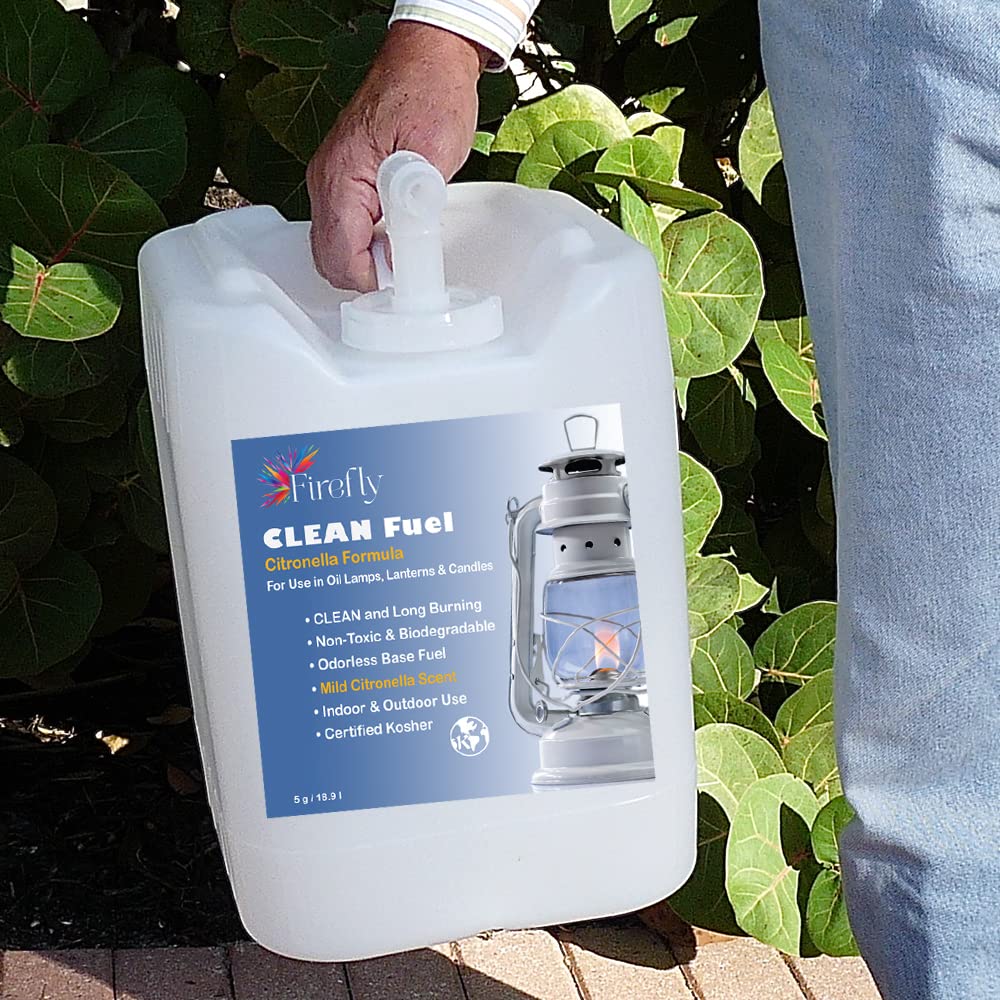 Firefly Kosher Citronella Clean Fuel Lamp Oil - Smokeless, Virtually Odorless, And Non-Toxic - Long-Lasting Burn Time For Indoor & Outdoor Lamps - 5 Gallons - Made In Usa