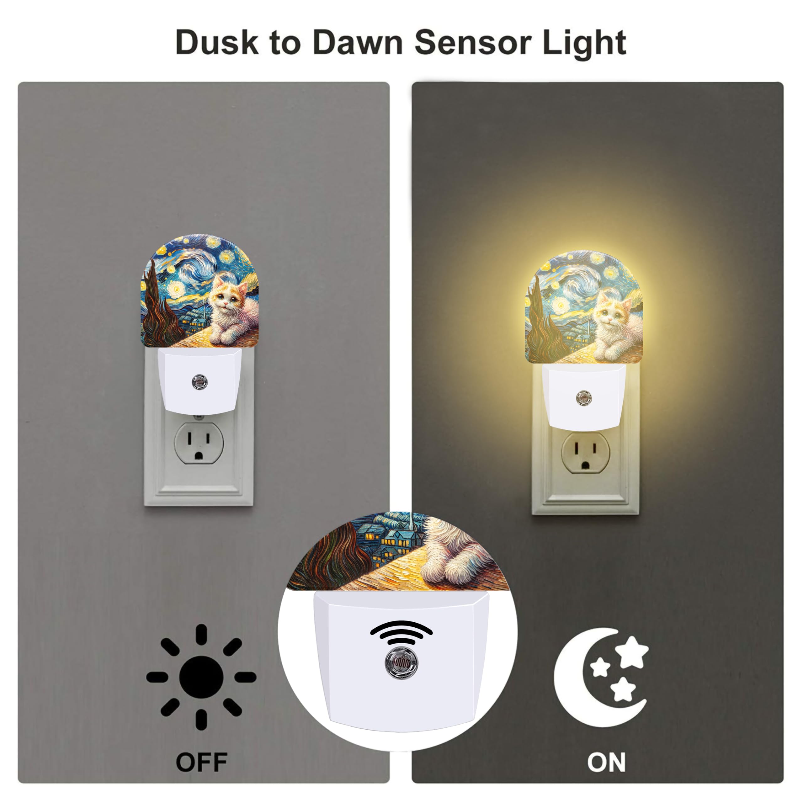 VURQLHE Cute Cat and Starry Night Night Light for Kids,Van Gogh Oil Painting Plug in Night Light with Dusk to Dawn Sensor, 0.5w