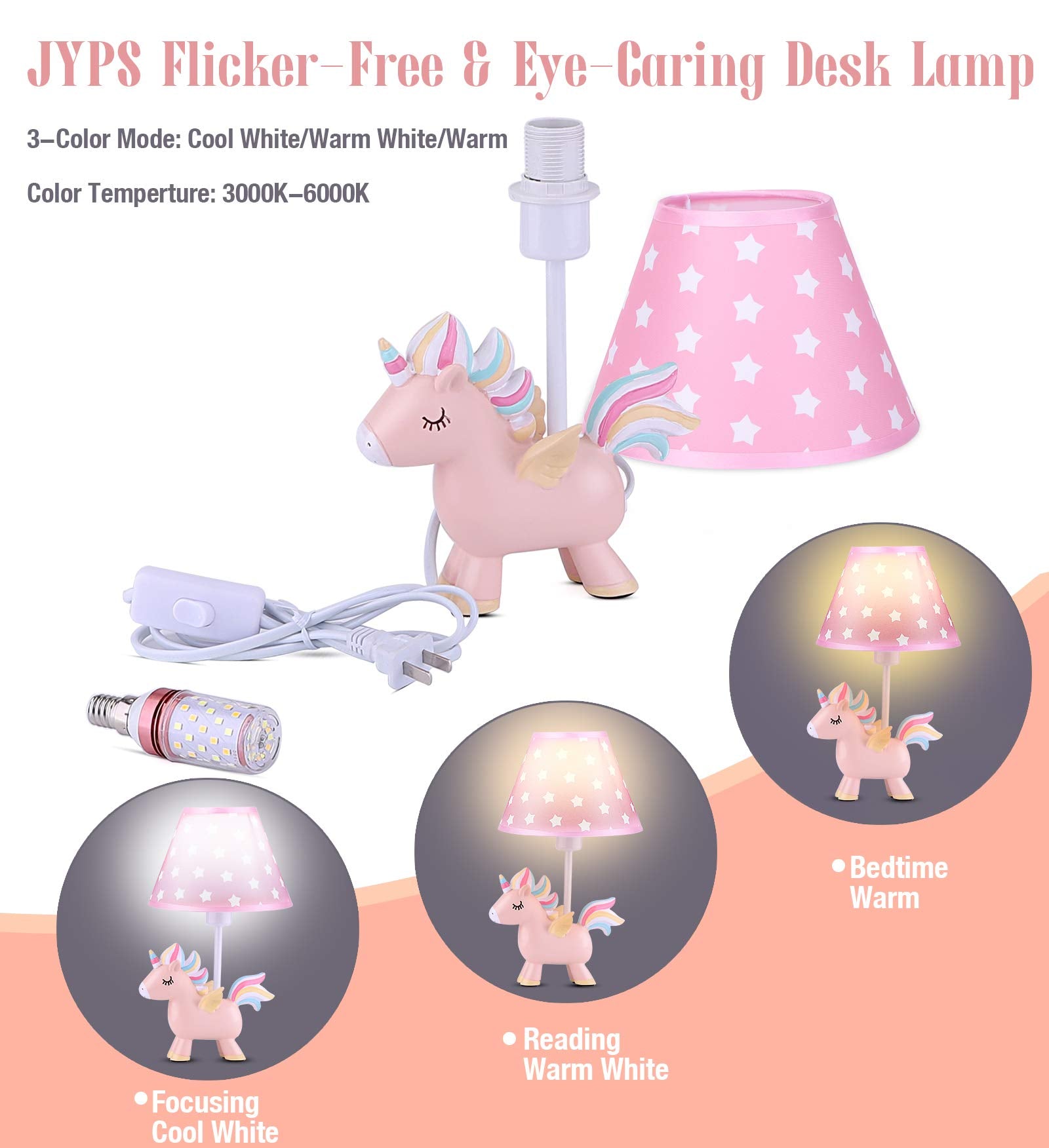 Cute Unicorn Lamp For Girls Bedroom, Kids Bedside Table Lamp With 3-Color Mode Led Blub & Shade, Unicorn Night Light Gifts For Girls Kids Bedroom Decor, Plug In Pink Lamps For Baby Nursery Decor