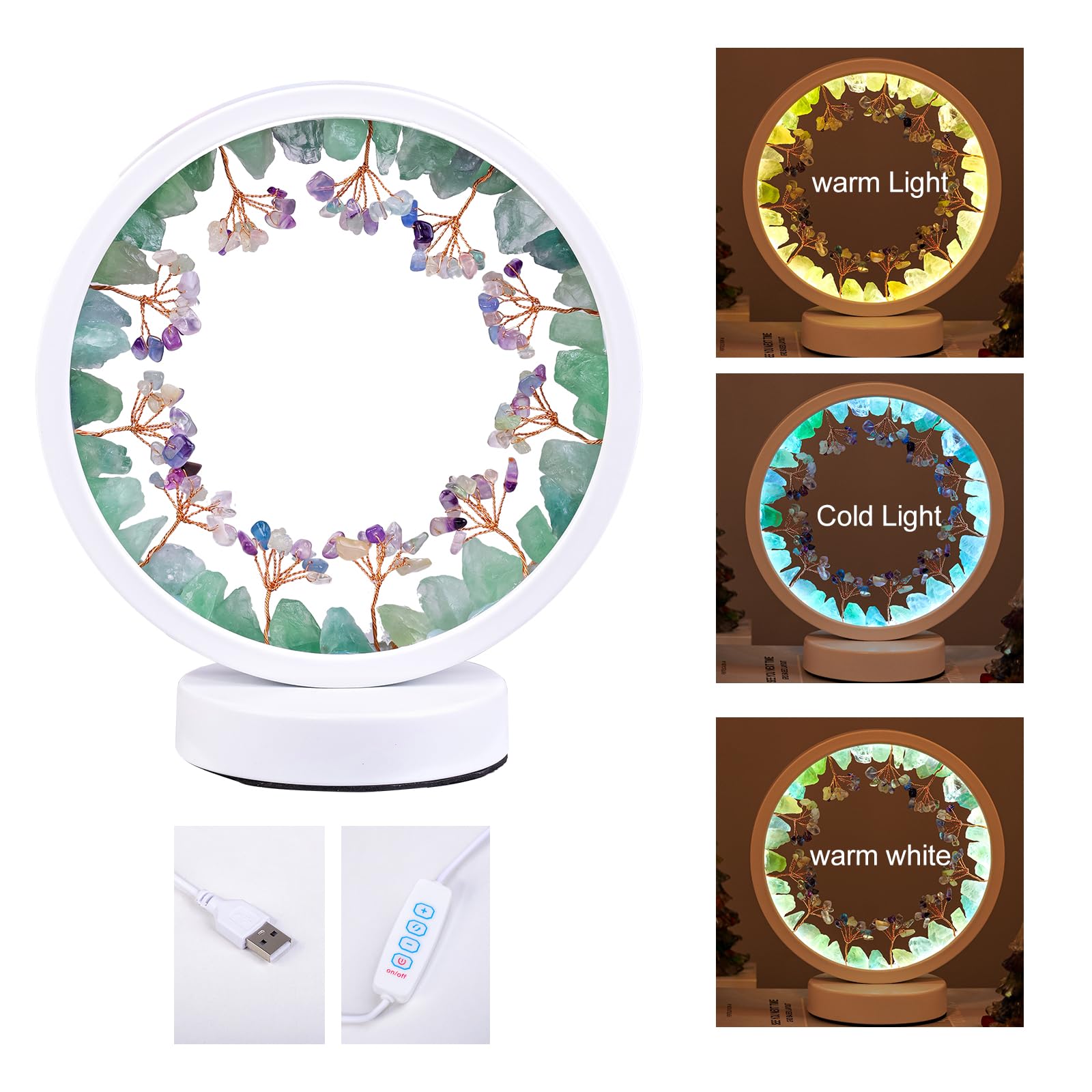 Runyangshi Natural Crystal Green Fluorite Small Tree Round White Frame Tri-Color Ambient Light Home Decoration Night Light Gift