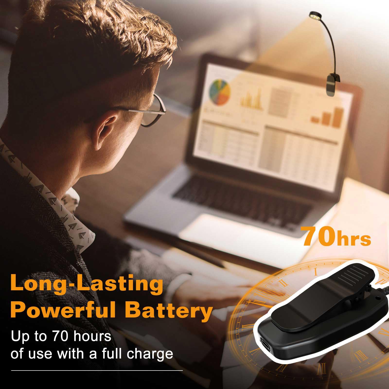 KTEBO Rechargeable Book Light - 10 LED, 3 Color Temperatures, 3 Brightness Levels, Lightweight Clip-On, Black, Model BHLBL-1