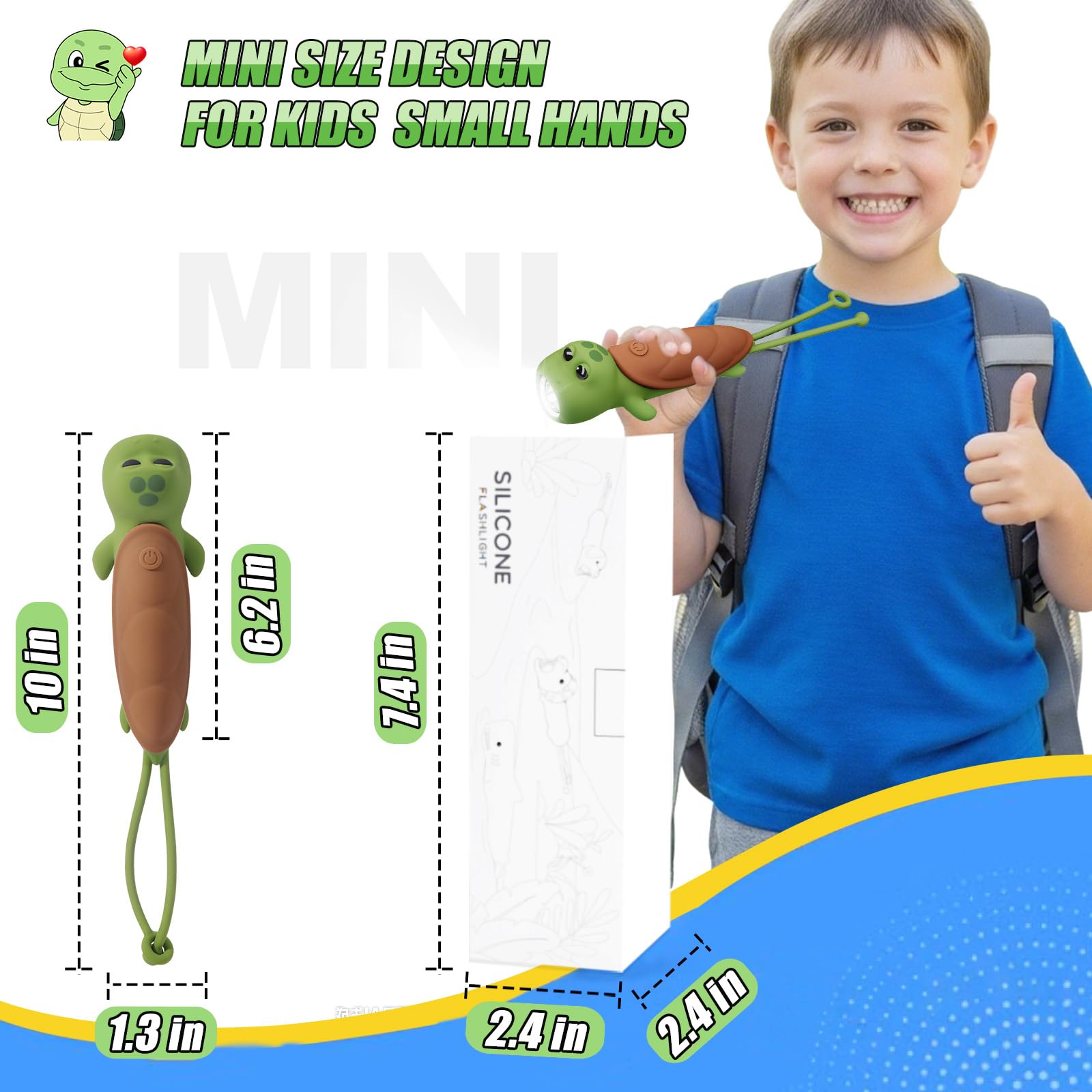 Tremdwoto Cute Turtle Kids Flashlight, Rechargeable LED, Green/Brown, Ideal for Camping & Outdoor Adventures