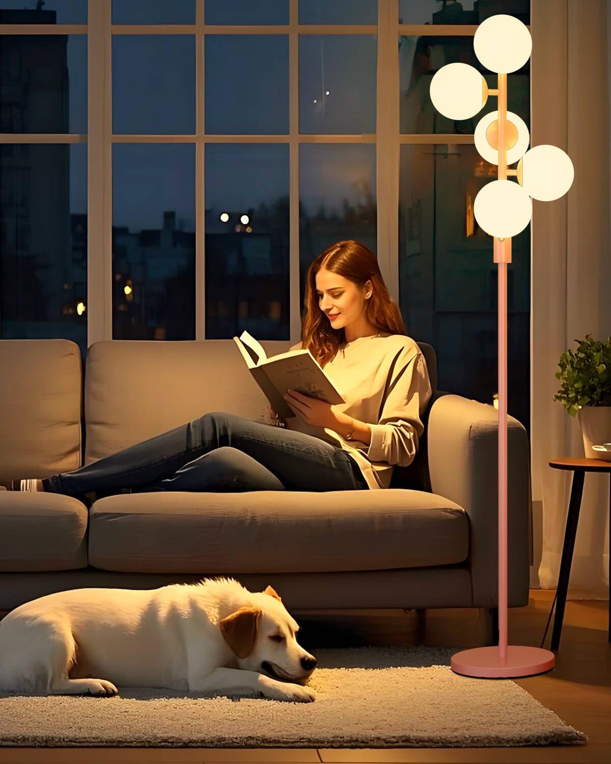 ACOHOOK 64IN Dimmable Pink Floor Lamp, Tall Standing Lamps with 5 Globe Soft Warm White Eye Care 3000K G9 Bulbs, Mid Century Mod