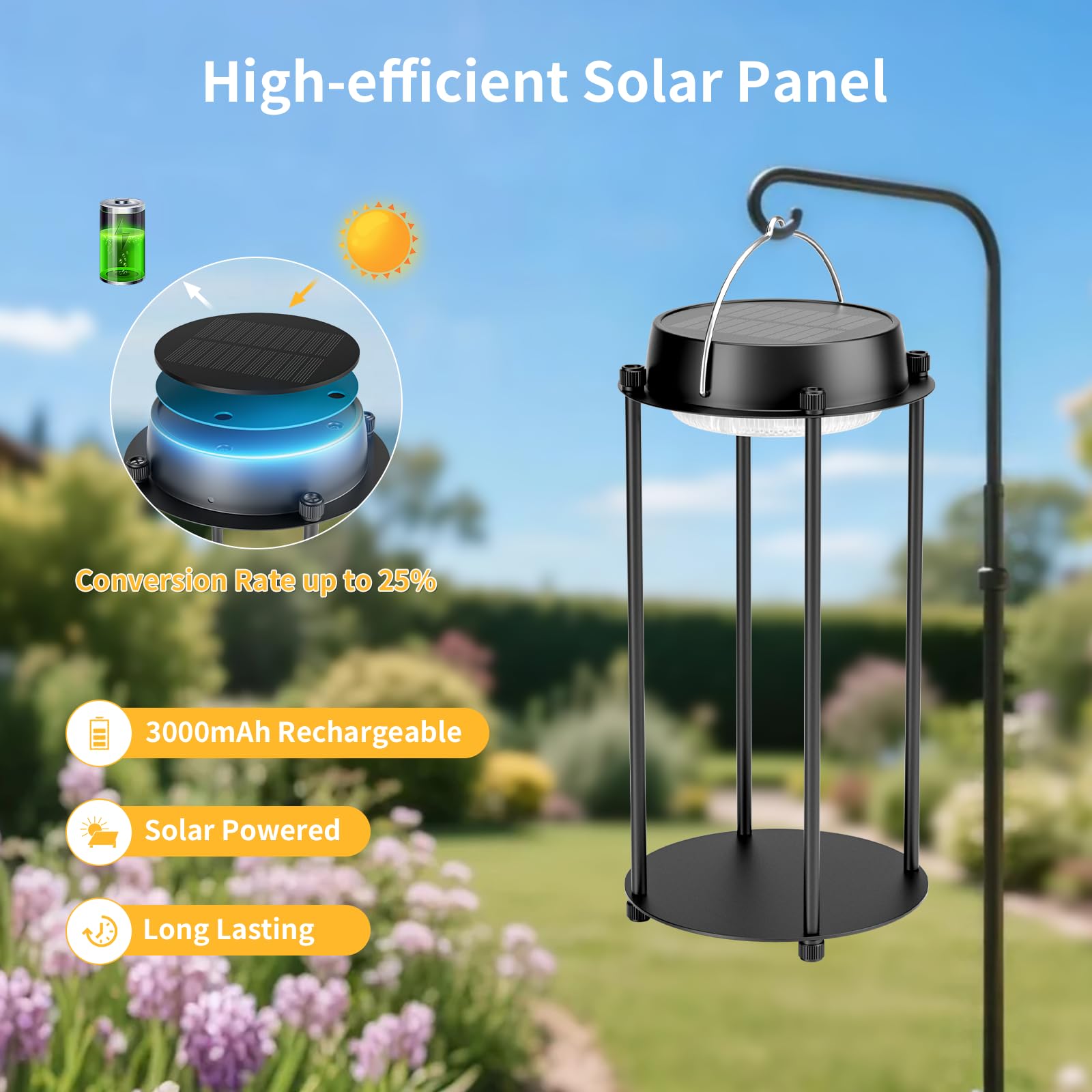 Bsgifts Solar Lantern, LED Hanging Light, 3 Color Modes, Waterproof, Black, Model CL-TD07A