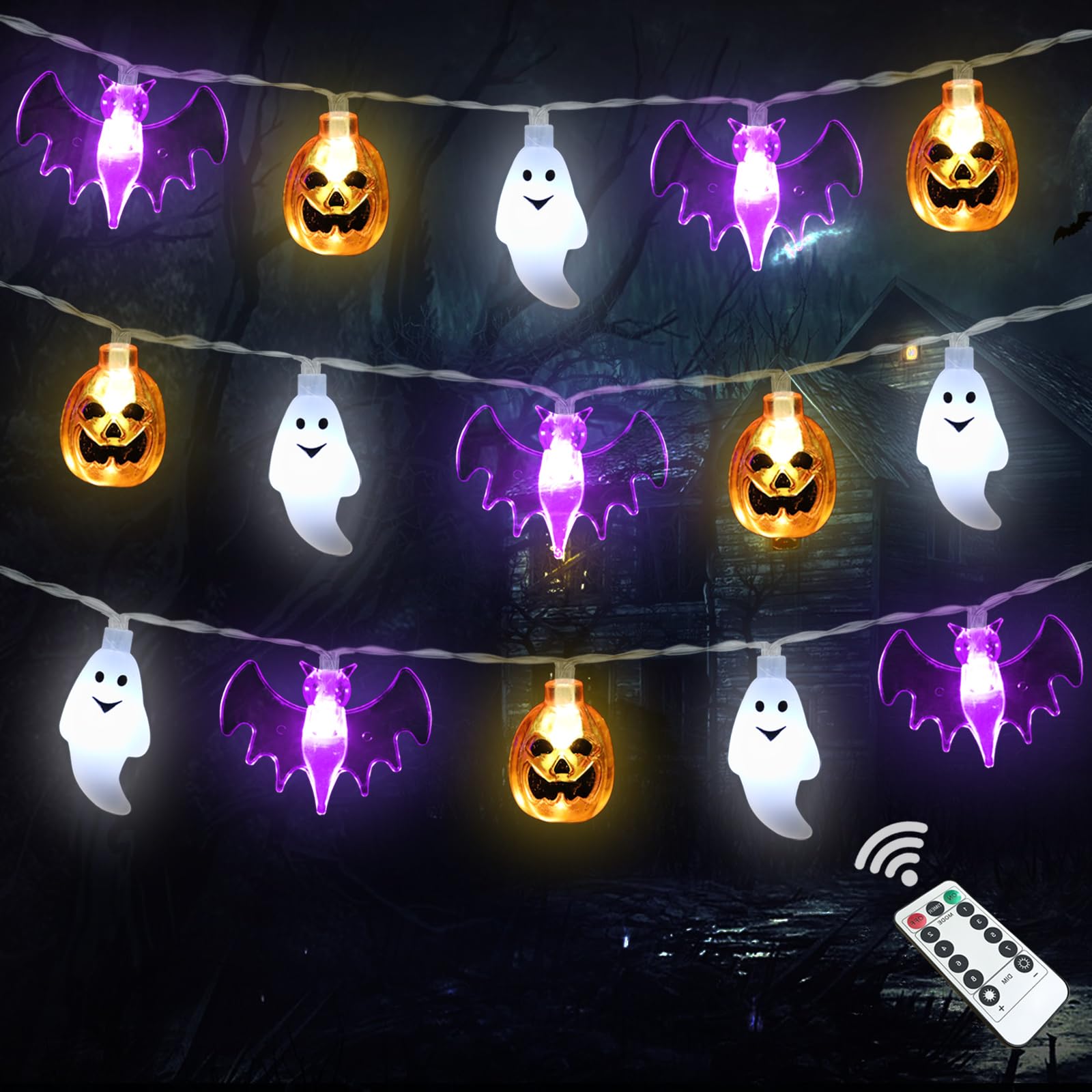 Zimati Halloween String Lights, 16 FT, 30 LED, 3D Pumpkin Bat Ghost, Battery Operated, 8 Lighting Modes, Orange/Purple/White, Model ZM001