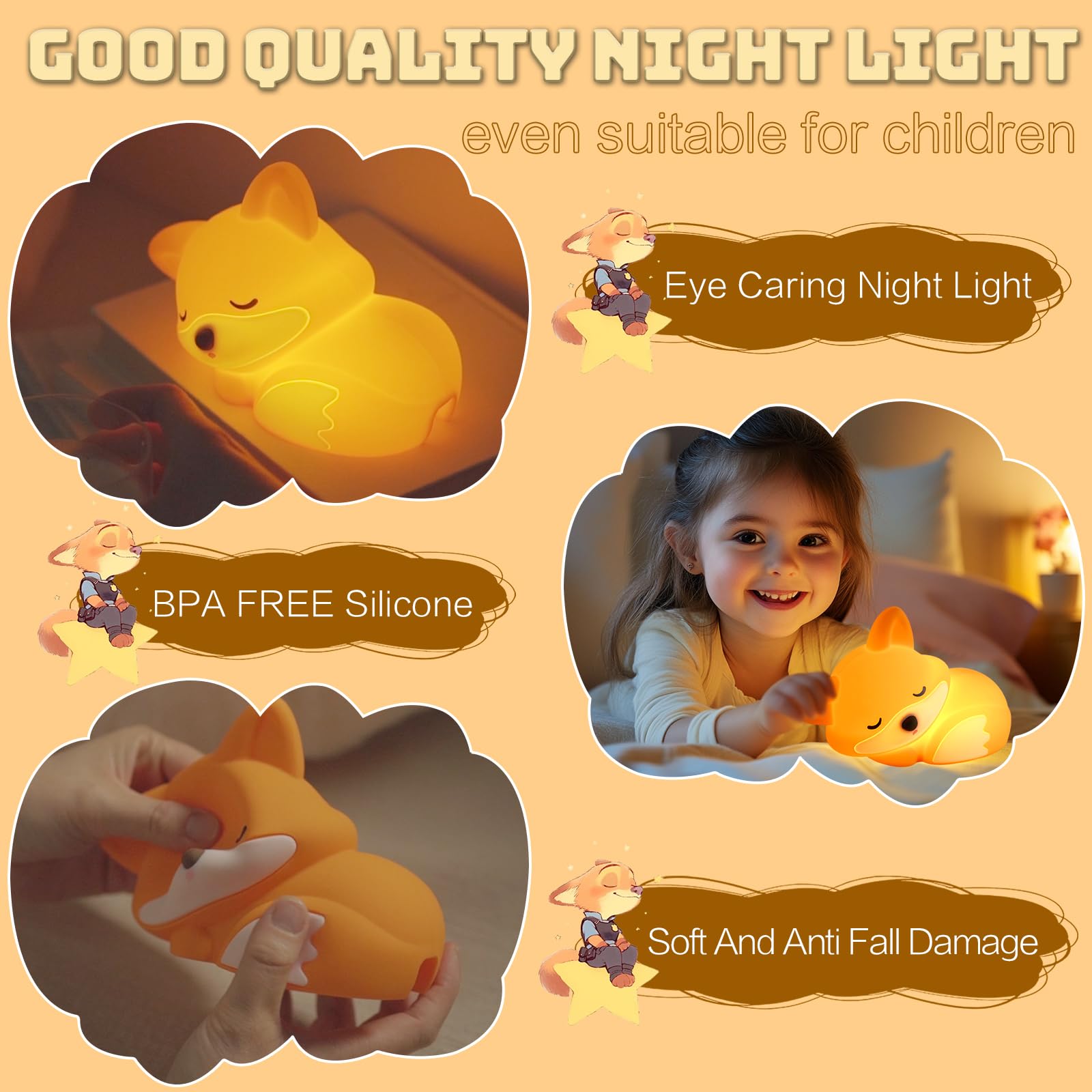 Yr Yrhh-Pet Fox Night Light For Kids  Cute Lamp Xmas Fox Gifts  Squishy Rechargeable Dimmable Toy  Led Woodland Animal Nightlight  White Elephant Gift  Fall Room D?Cor  Silicone Touch Light Up Foxes