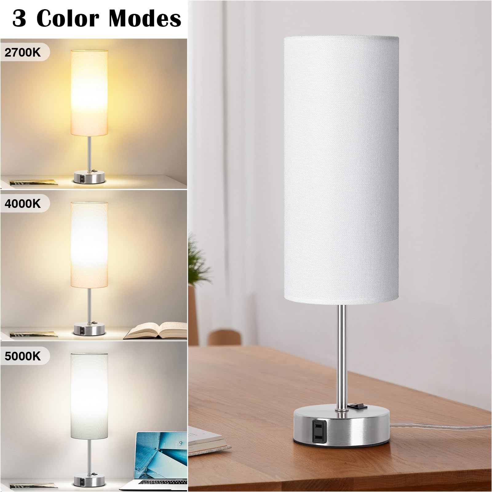 ZJOJO 2 Pack Bedside Table Lamp, 18in Dimmable with Rocker Switch, White Fabric Shade Nickel Base, Model RD-PTL6W-039