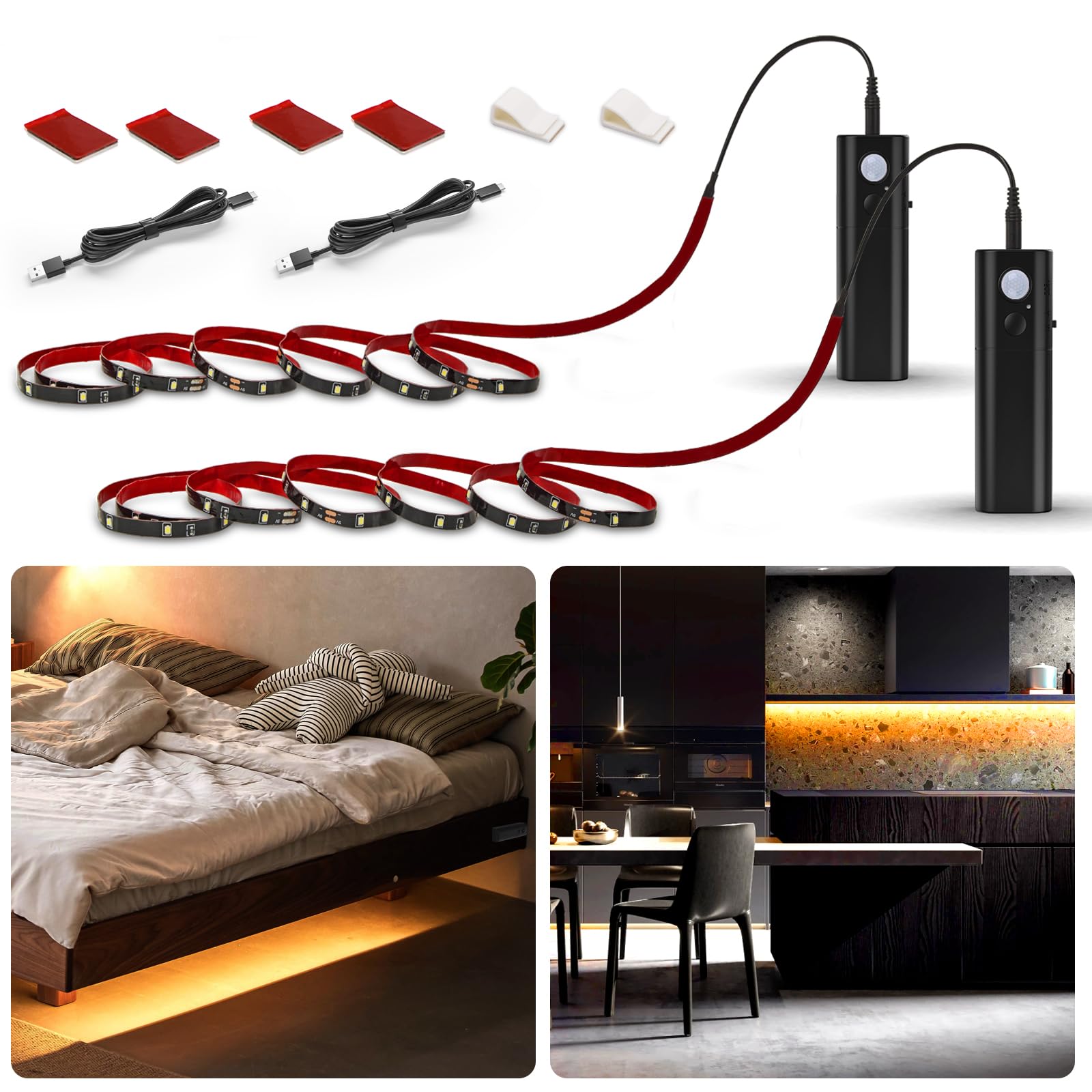 Wobane Led Motion Sensor Strip Light, 2 Pack, 6.56Ft, Warm White (2700K), Black, Battery Operated, Ideal For Closet And Cabinet Lighting