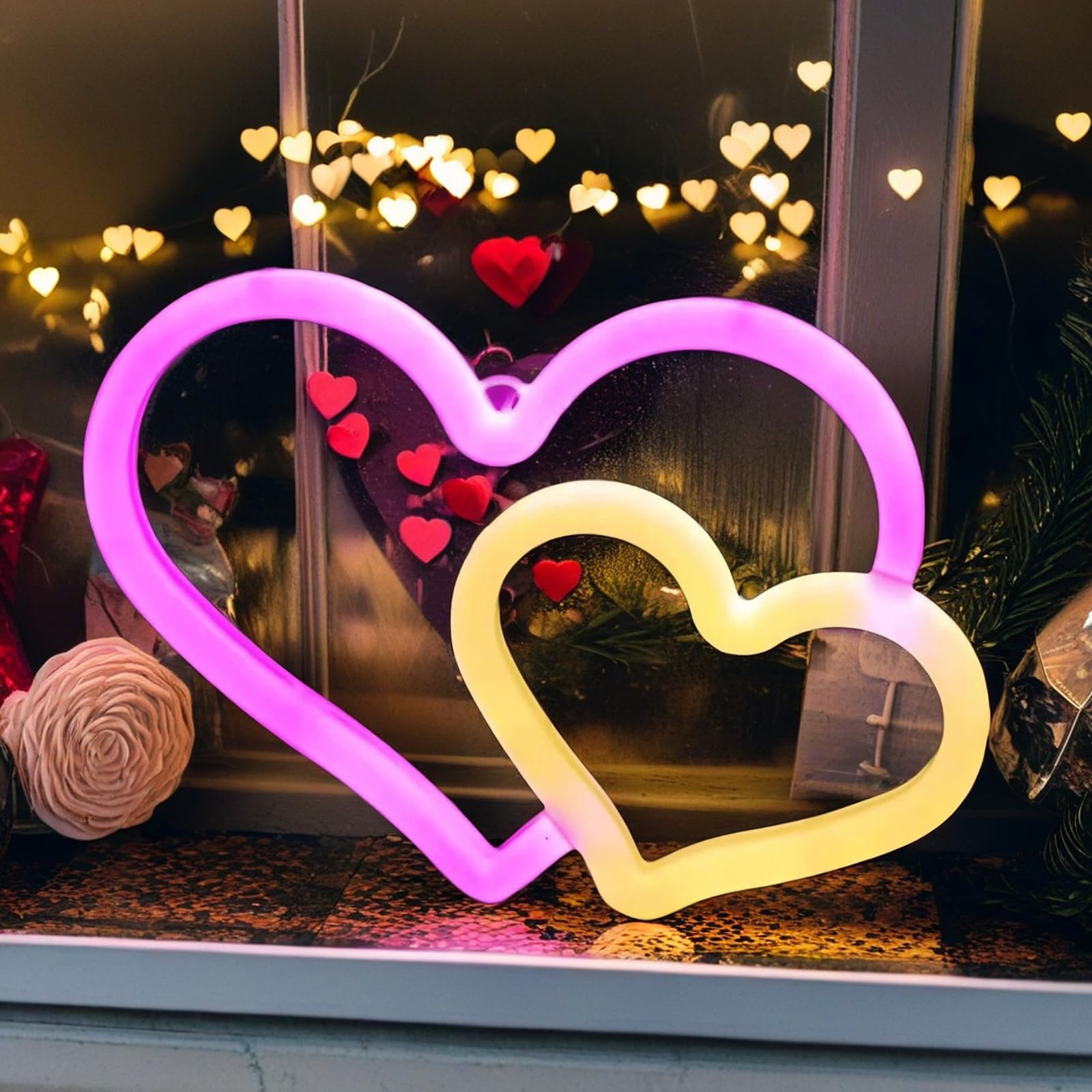 BRIGHTDECK Heart Neon Sign, LED Wall Décor, Battery Operated/USB Powered, 5x5 inches, Pink/Warm White, Model 001