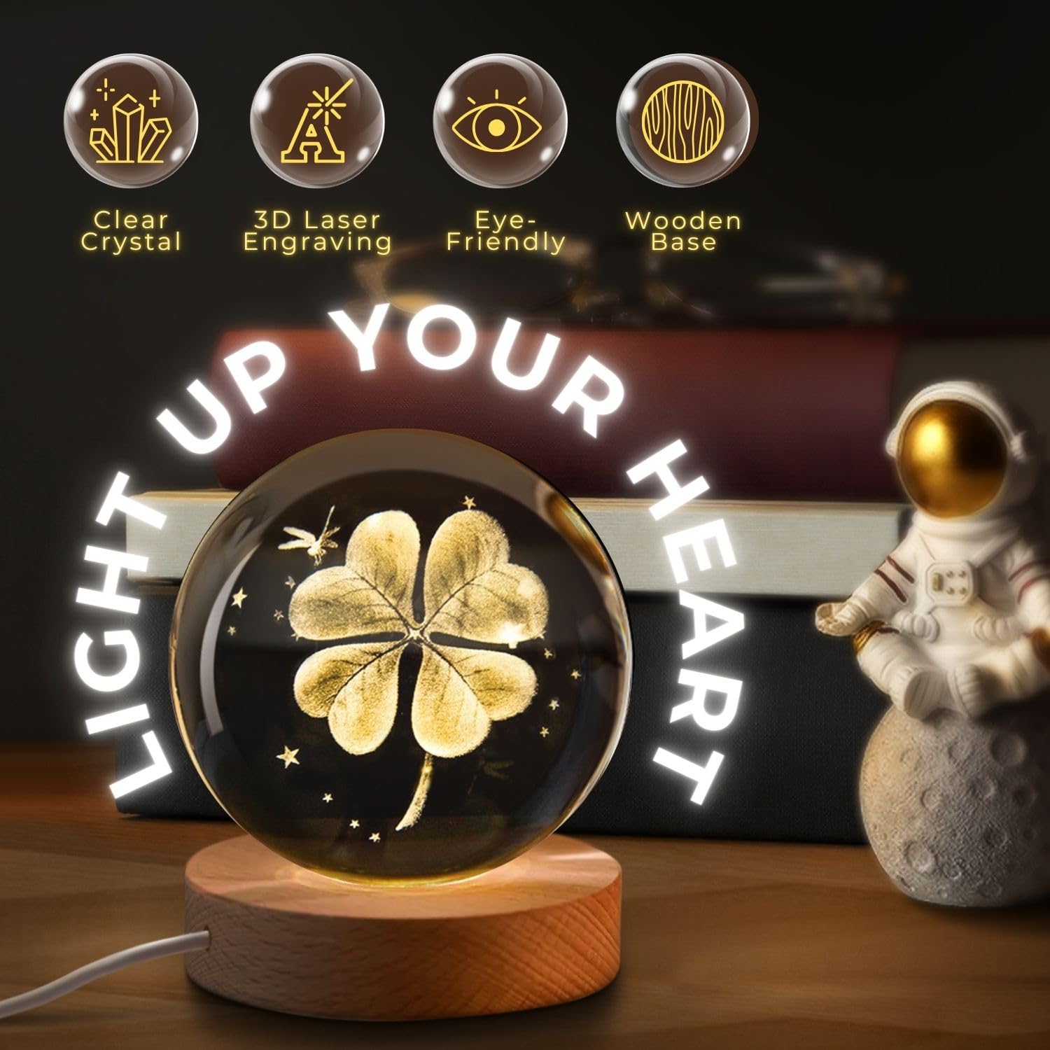 Flexzion 3D Clover Crystal Ball Night Light - Led Light Hologram Glass Lamp With Solid Wood Base  Usb Powered Crystal Ball Lamp With Adjustable Brightness For Home Decor Display Gift  2.4Inch(60Mm)