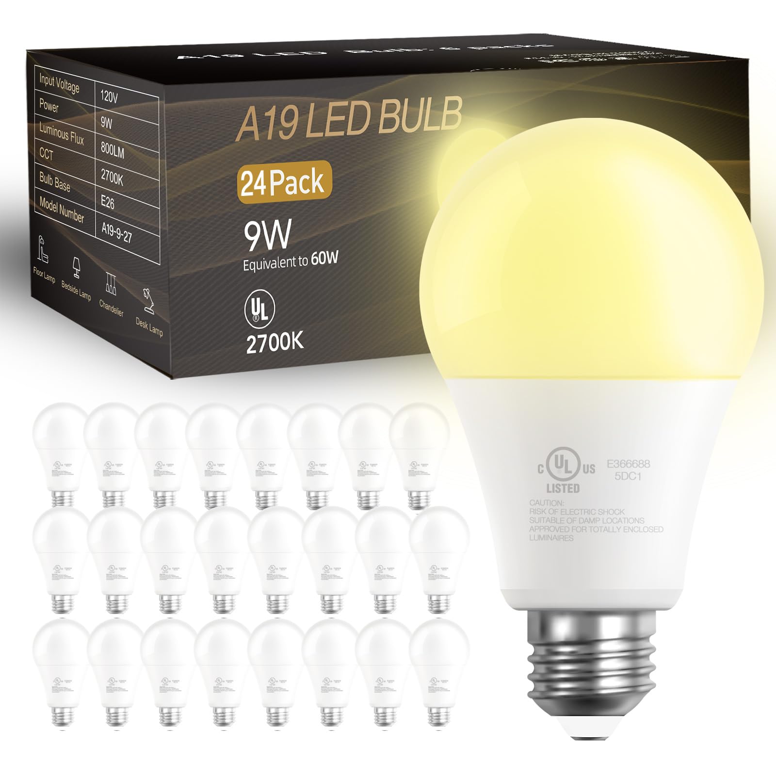 Daybetter 24 Pack A19 Led Light Bulbs, 60 Watt Equivalent Led Bulbs, Long Lifespan High Brightness 800Lm Warm White 2700K, E26 S