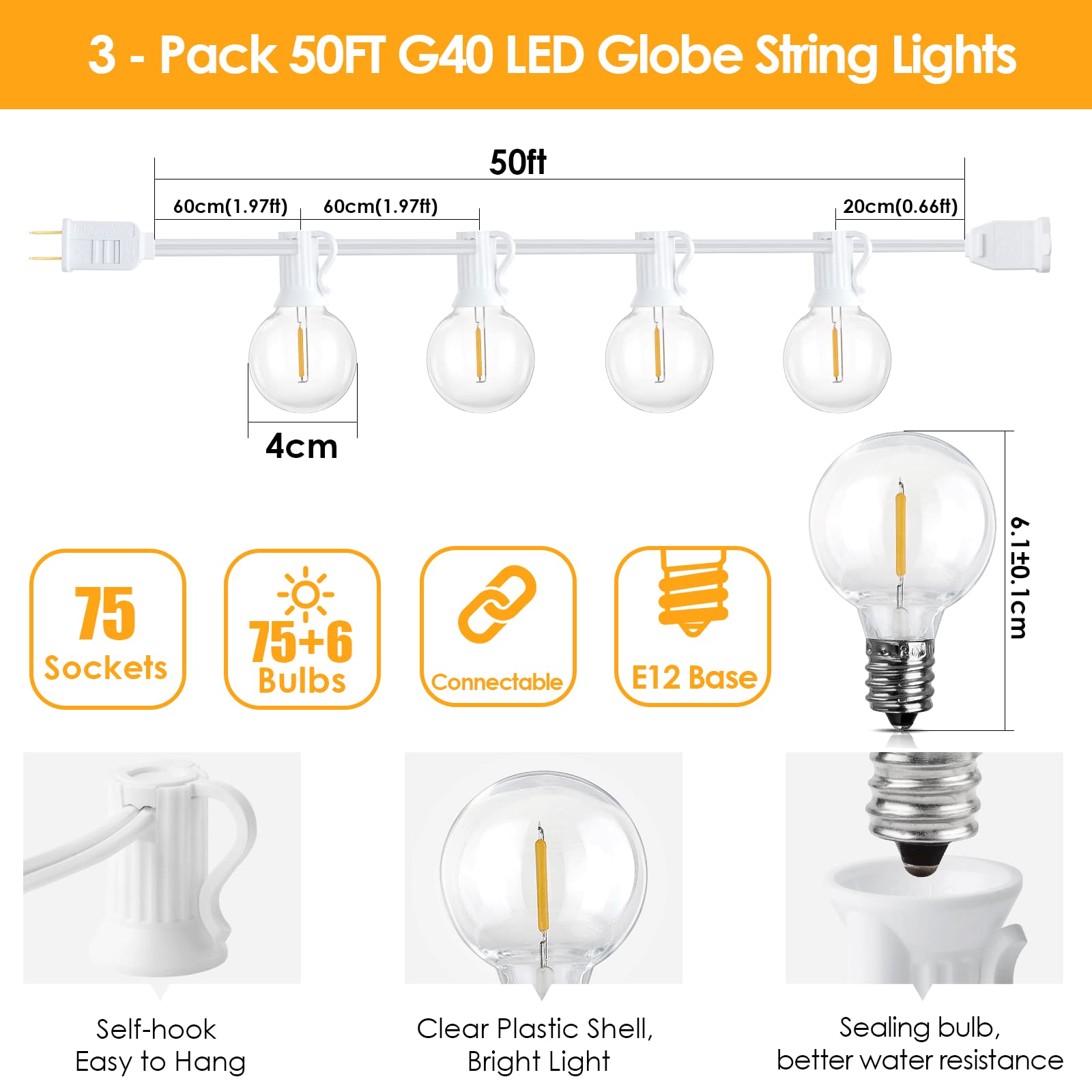 Mlambert 150Ft(3X50Ft) Outdoor String Lights, Connectable G40 Globe Patio Lights Connectable With 75+6 Led Plastic Bulbs For Out