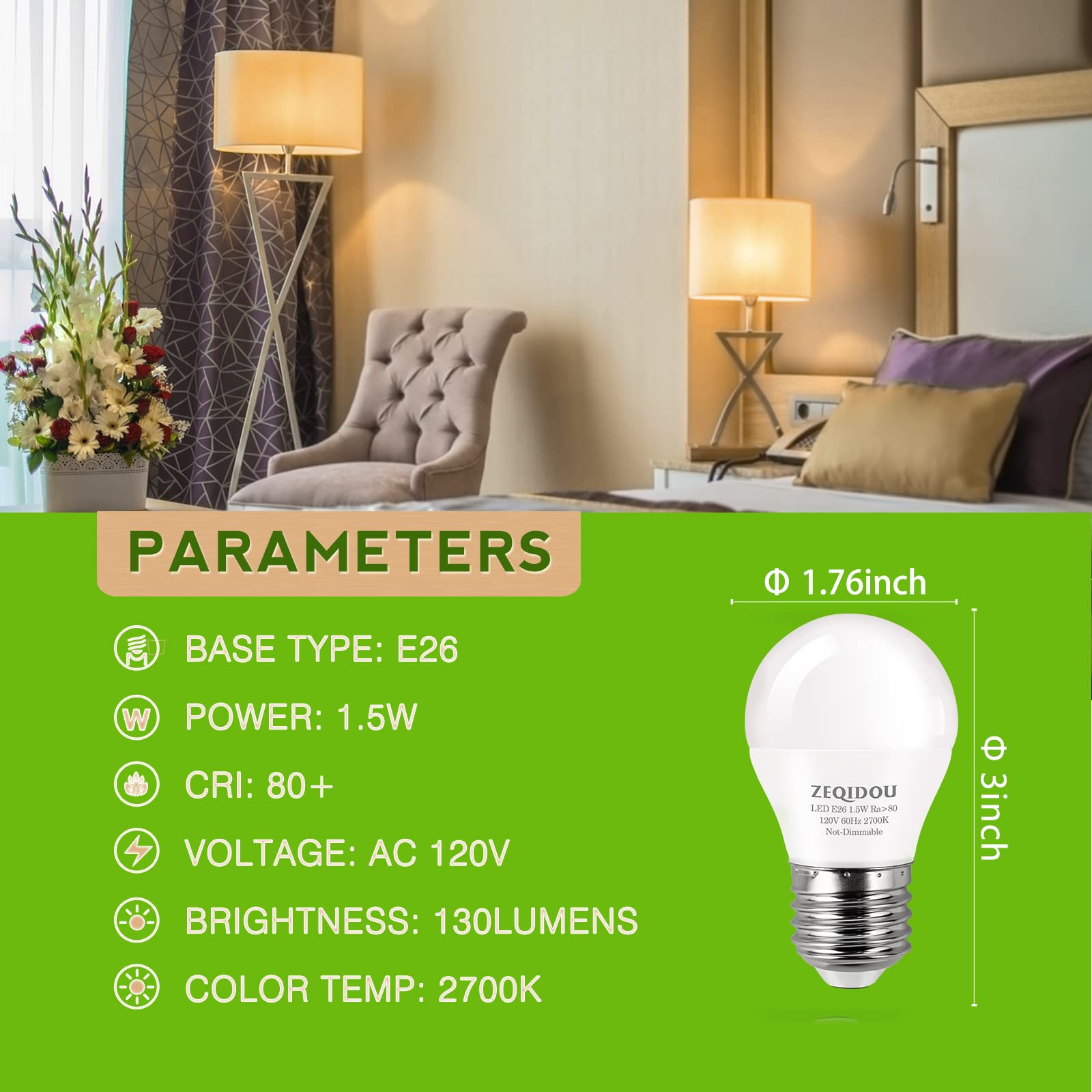 ZEQIDOU 1.5W LED Light Bulbs, 15W Equivalent A15 Soft White 2700K, E26 Base, 4 Pack