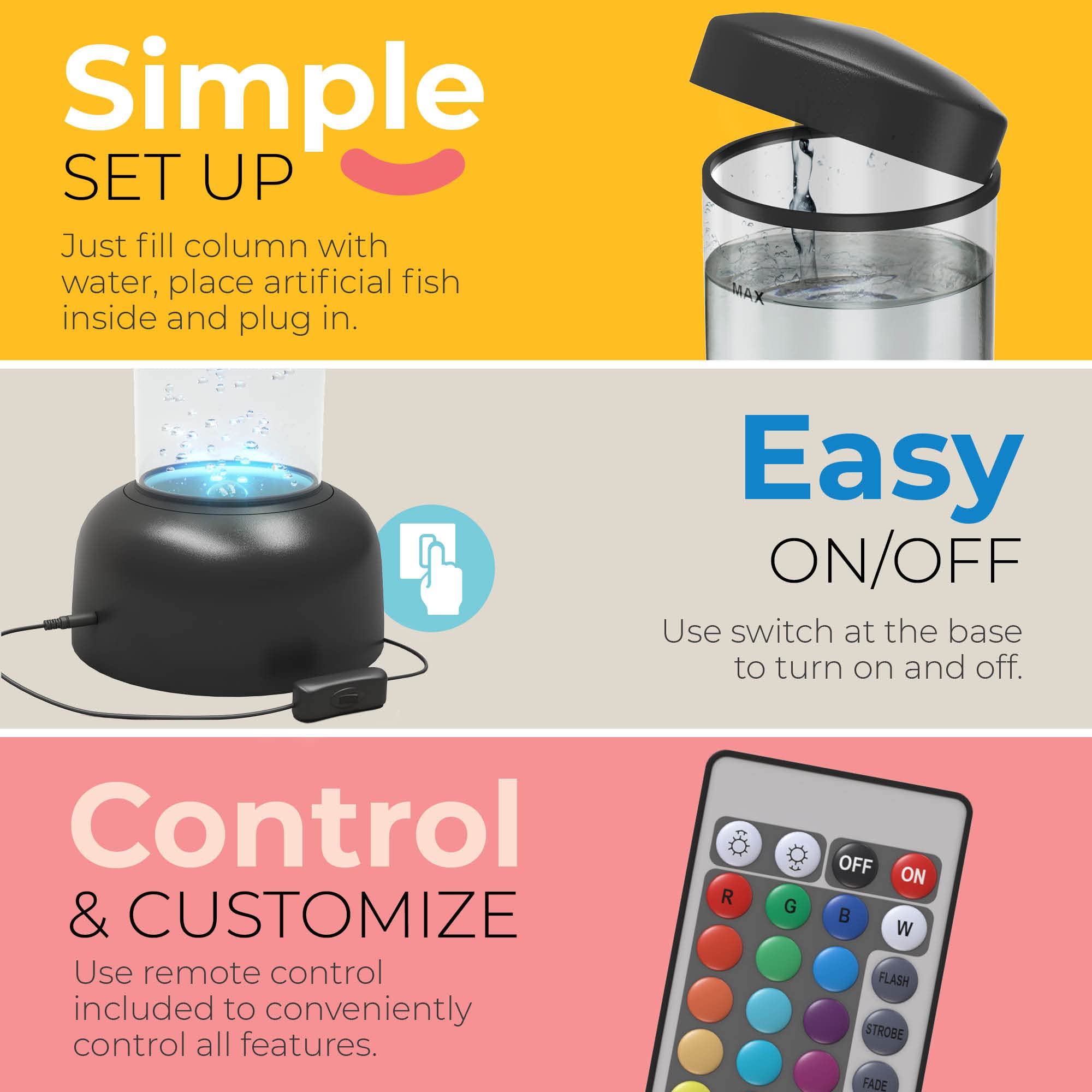 Playlearn 3.3Ft Bubble Tube With Remote Control - 8 Fake Fish - Color Changing Led Lights - Sensory Bubble Lamp – Fake Fish Tank Floor Lamp