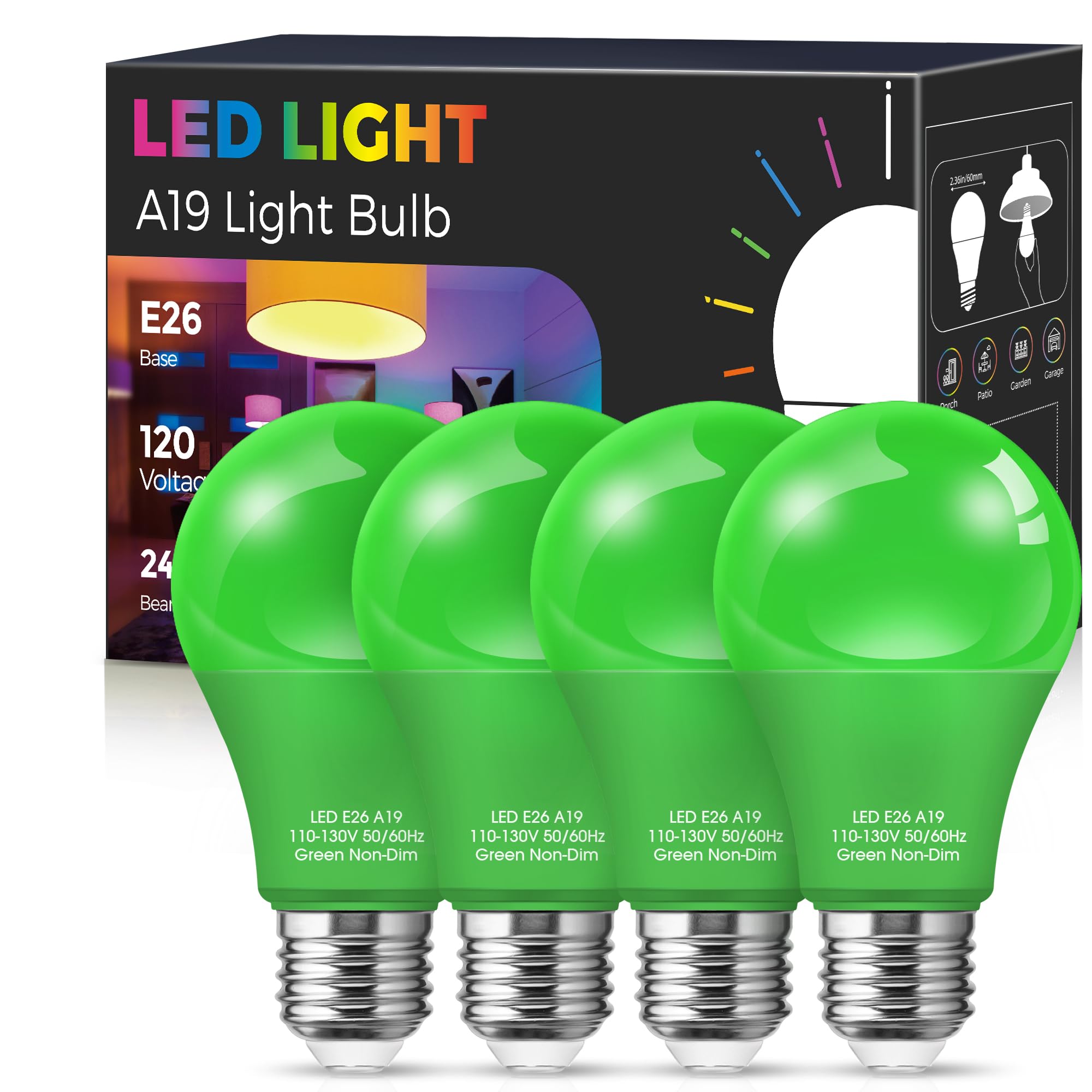 Green Light Bulb? 4 Pack?  9W (60W Equivalent) A19 Green Light Bulbs  E26 Base Non-Dimmable 720Lm 120V Porch Light  Led Colored Light Bulbs For Christmas Decor Party Holiday Lighting