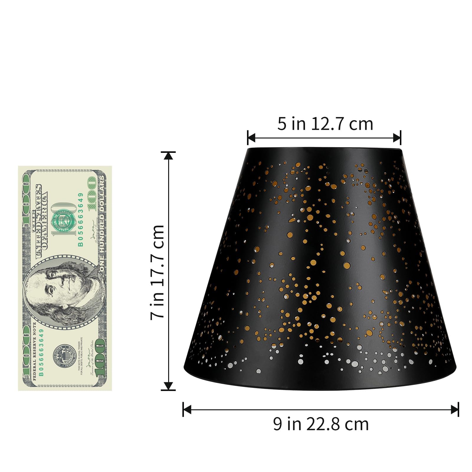 ALUCSET Metal Small Lamp Shade, Etched Starlight, 5in Top x 9in Bottom x 7in High, Black Outside Gold Inside, Model ALUCSET-METAL