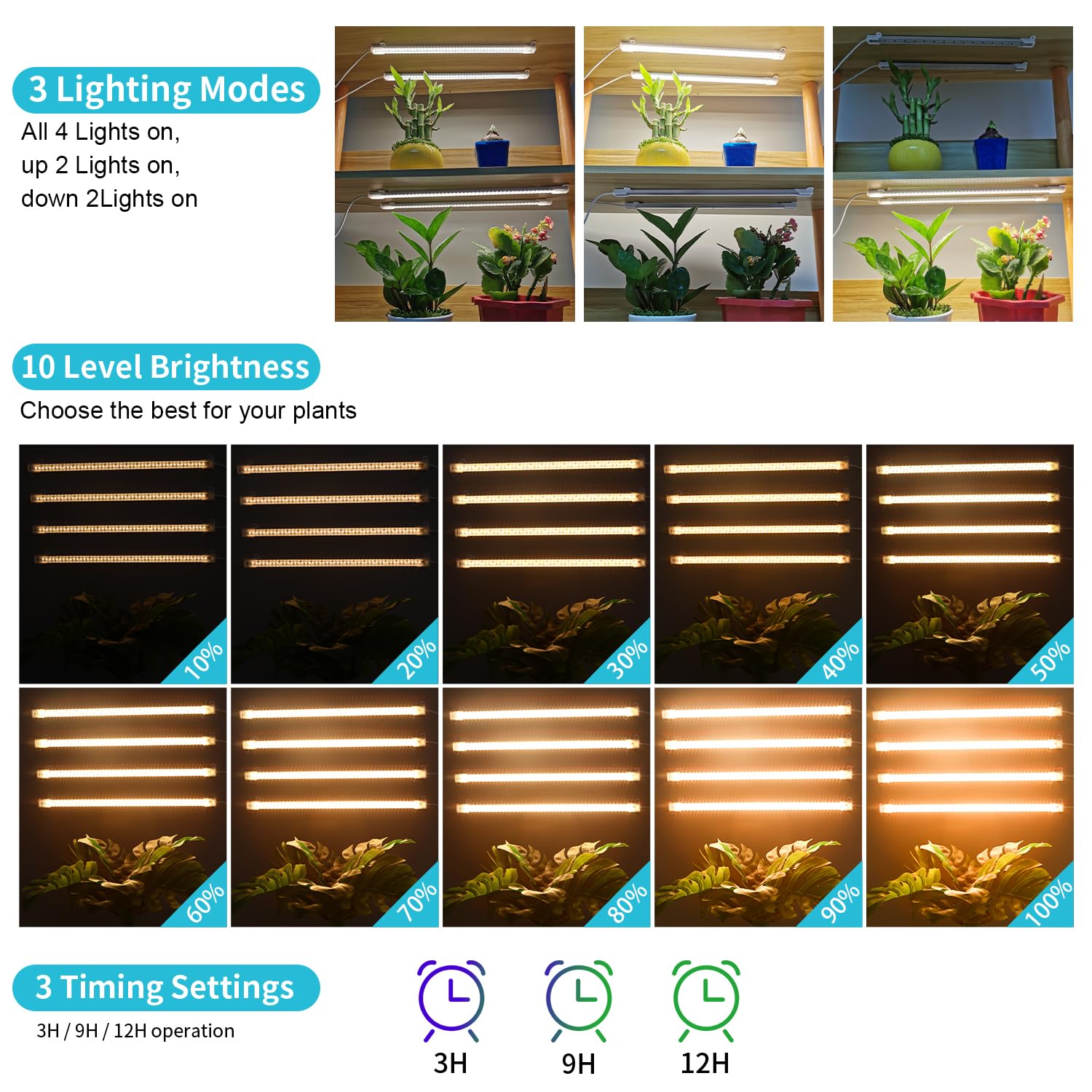 Led Grow Light Strips For Indoor Plants Full Spectrum 3500K, 192 Leds Plant Light Bar With 3/9/12H Timer, 10 Dimmable Levels For Seedling Succulent, 13 Inches, 4 Head