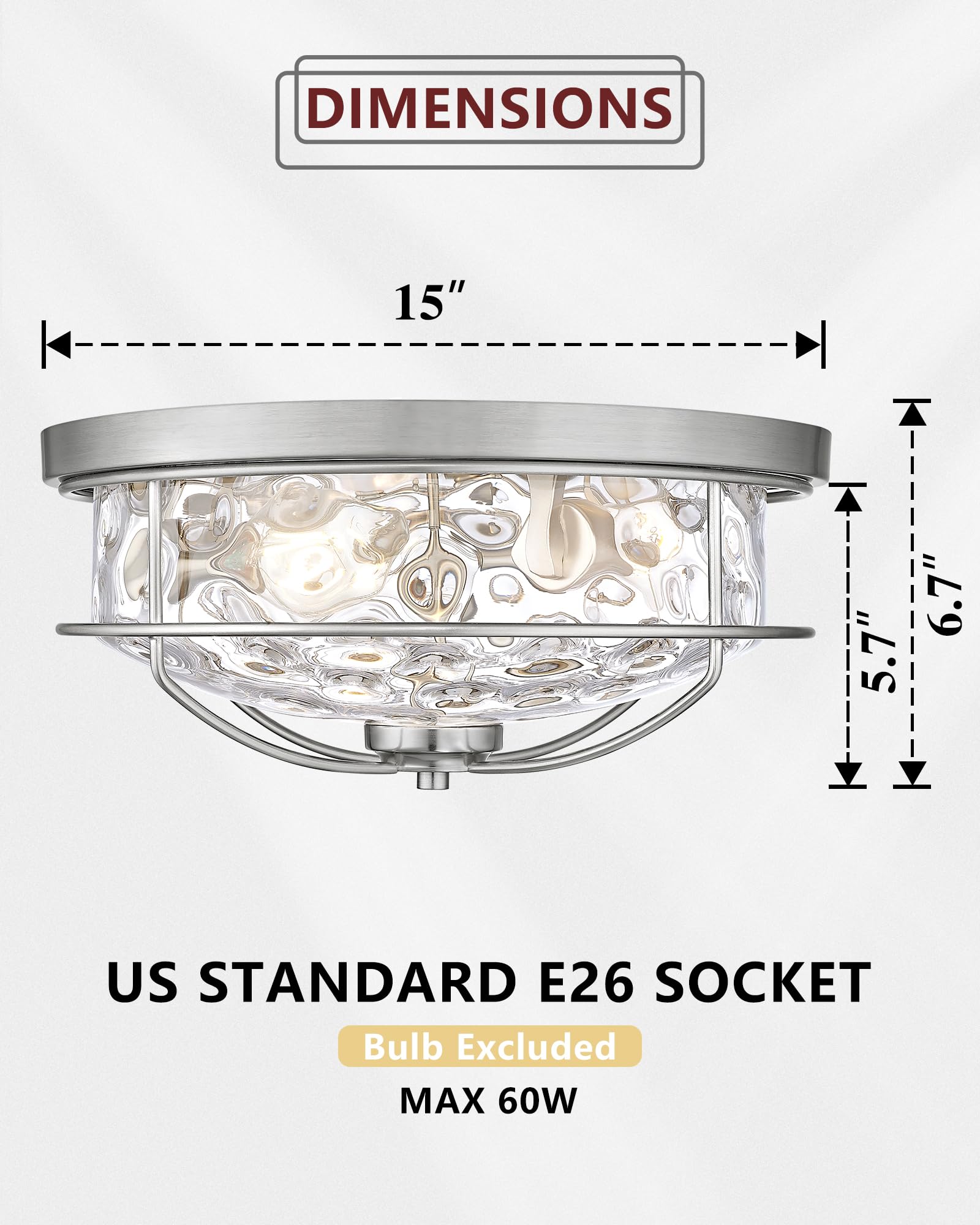 15 Inch Ceiling Light Fixtures, Hwh 3-Light Modern Flush Mount Light With Brushed Nickel Finish, Water Ripple Hammered Glass Cei