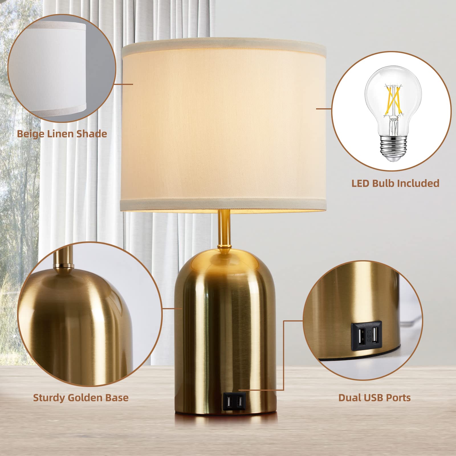 GyroVu Touch Control Table Lamps Set of 2, 3-Way Dimmable, Gold Fabric Lampshade, USB Charging Ports, Includes 2 Bulbs