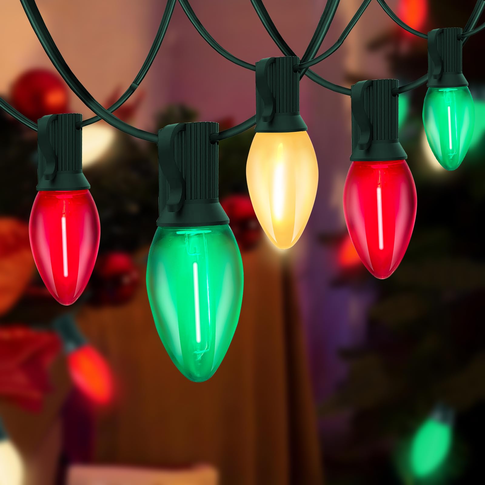 C7 LED Christmas Lights Outdoor, 25FT Clear Red Green and Frosted White Christmas String Lights with 27 LED Energy-Efficient Bul