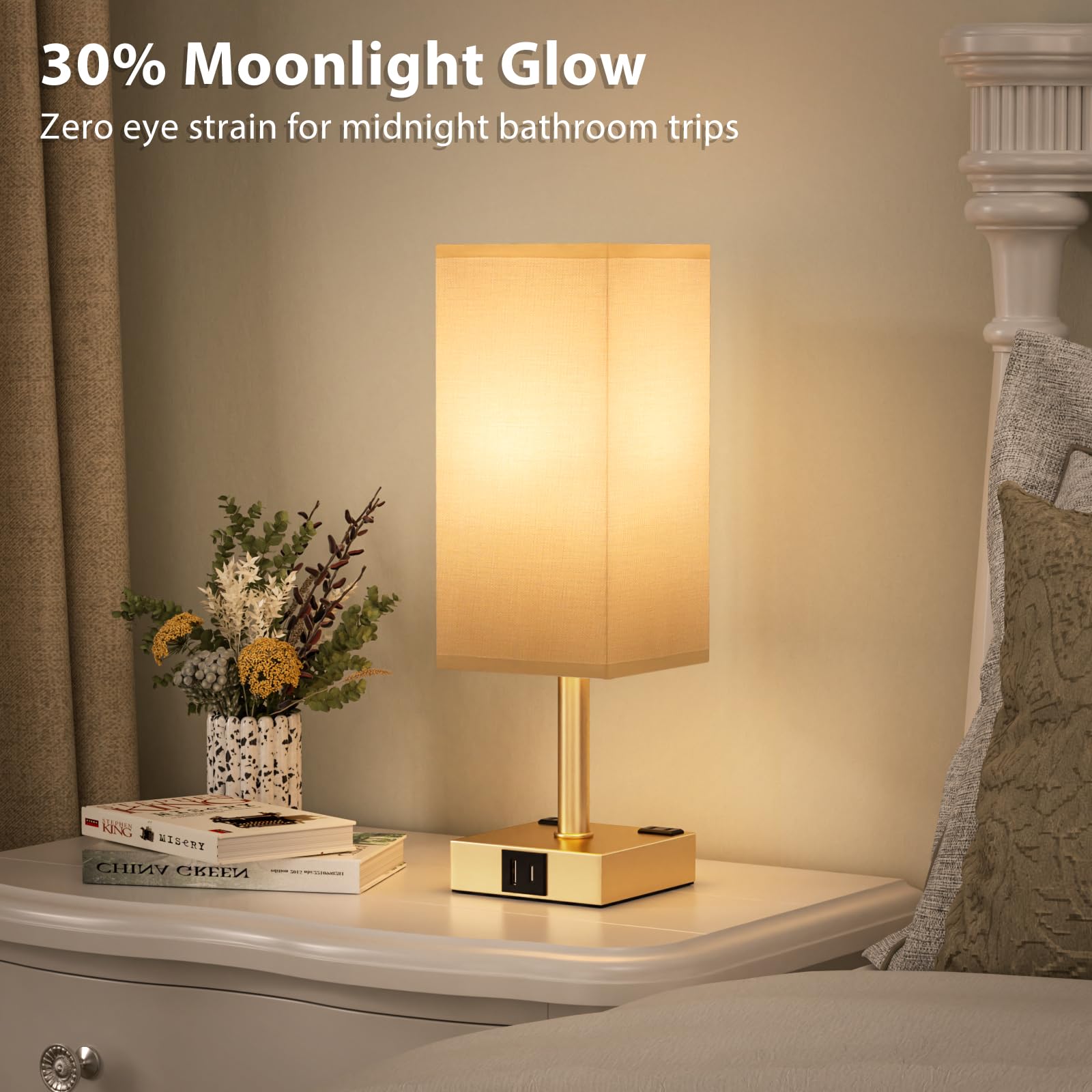 aooshine Gold Touch Lamps Set of 2 - 3-Way Dimmable, USB-C & AC Ports, Small Nightstand Lighting, Model 7-13
