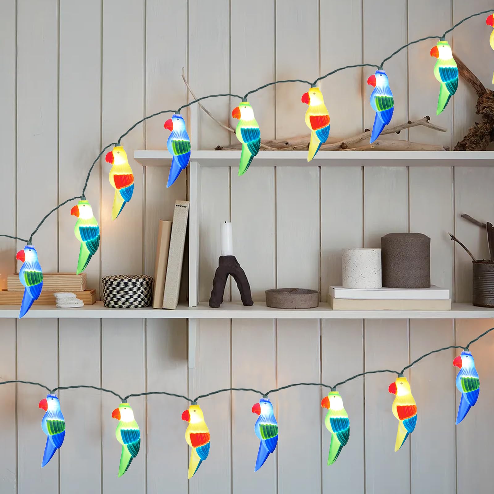 SUNSGNE LED Parrot String Lights, 8.5ft Indoor Hanging Decor with 10 Plug-in Parrot Lights for Party, Birthday, and Holiday Decor