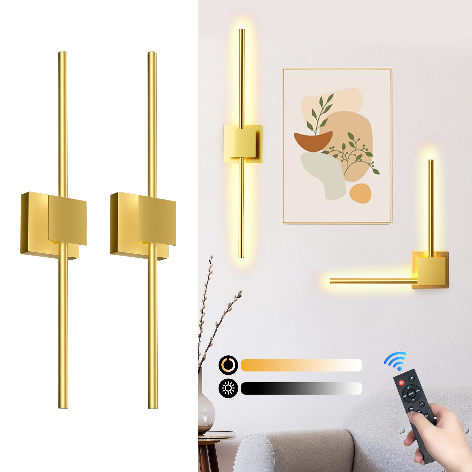 Torchlet Battery Operated Wall Sconces Set of 2 with Remote Control,DIY Independent Rotation Picture Lights,3000K-6000K Dimmable