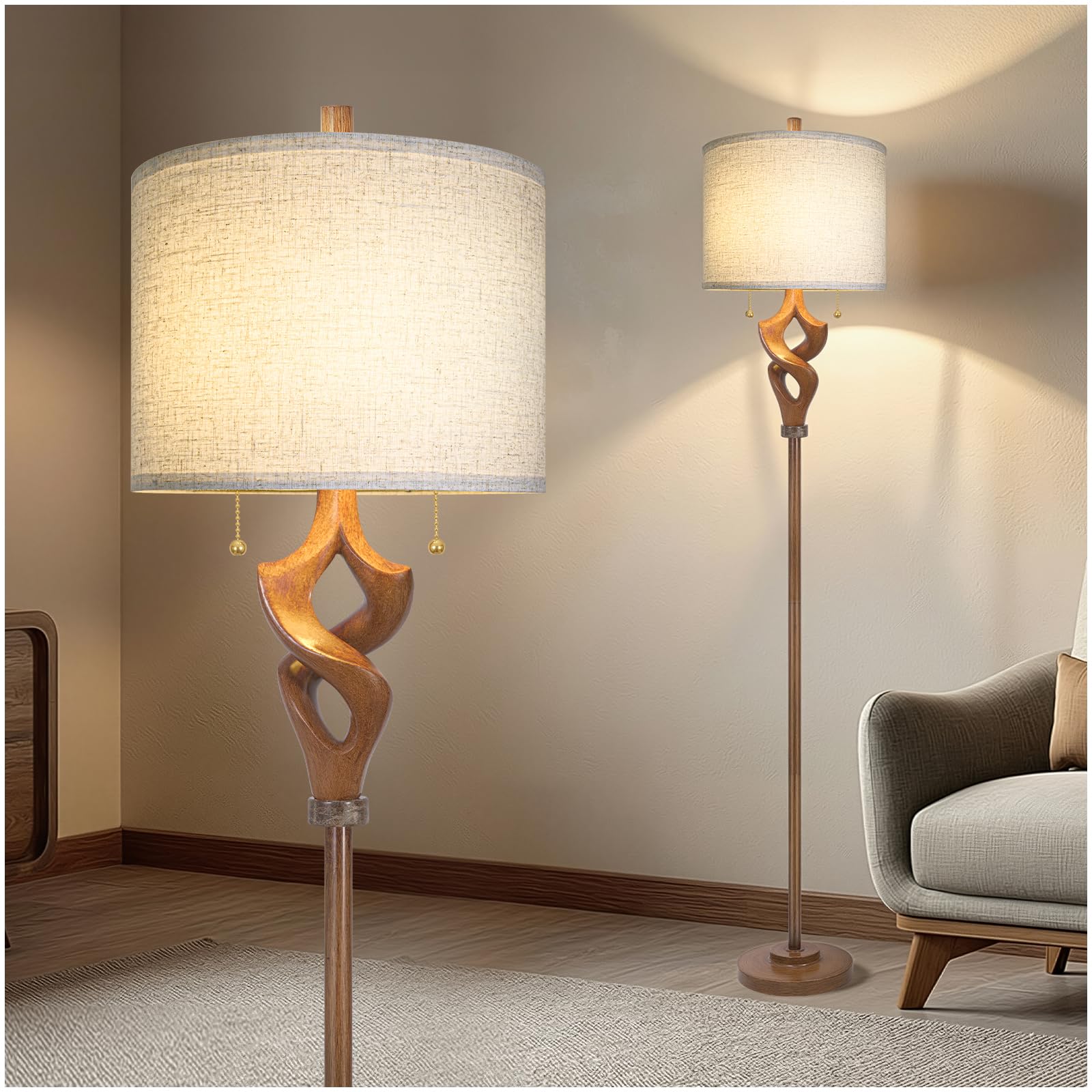 Scenekoy Sculptural 65.5    Floor Lamp for Living Room Bedroom, Bronze Wood Finish & Resin Body, Pull Chains Switch Standing Lam