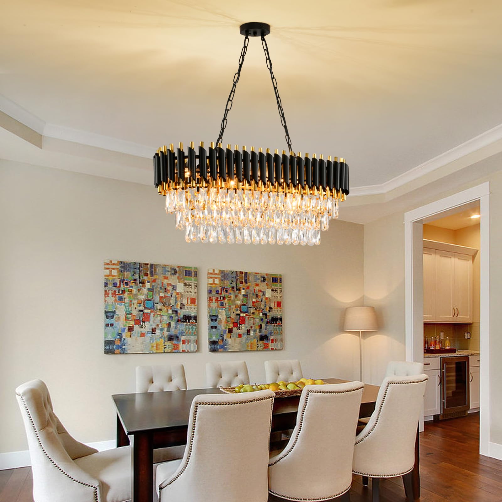 Akdxirun Modern Crystal Chandeliers For Dining Room 8-Light Black And Gold Chandelier Living Room Oval Contemporary Ceiling Hang