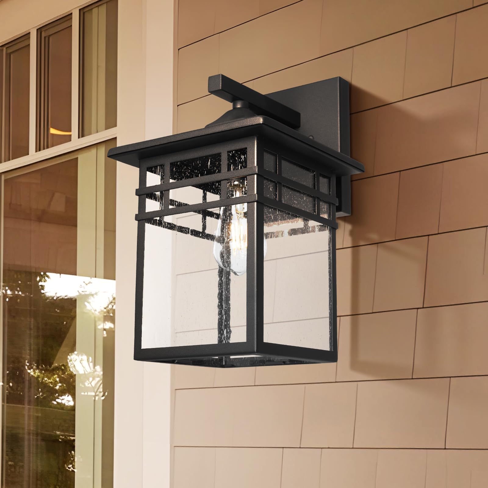 Diyel Outdoor Wall Lantern, Black Waterproof Sconce with Seeded Glass, 9-Inch Large Size for Front Porch & Doorway