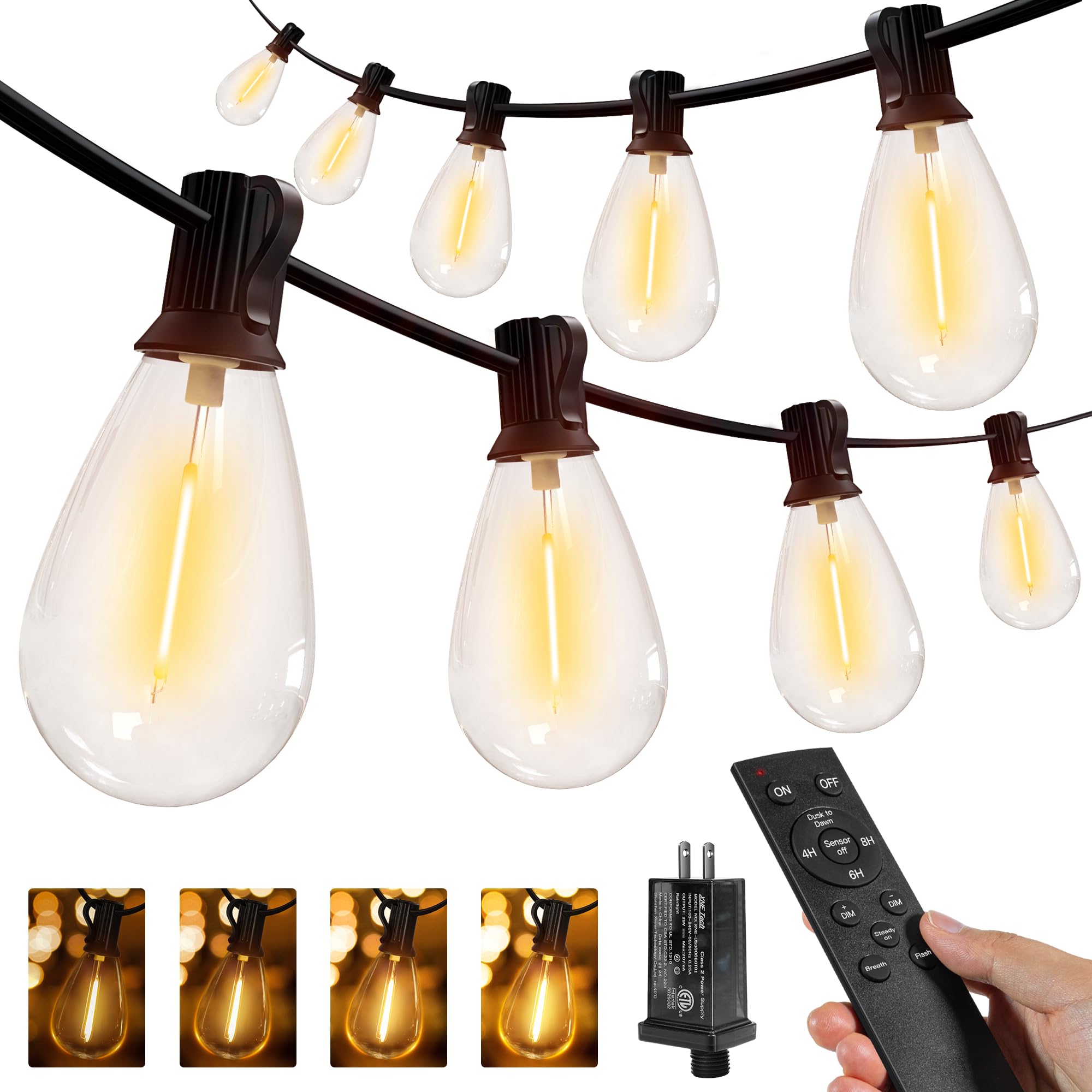 Ollny S11 100Ft Outdoor String Lights With Remote, Plug In Waterproof Connectable 3 Modes Dimmable Timers Patio Lights With 48+2
