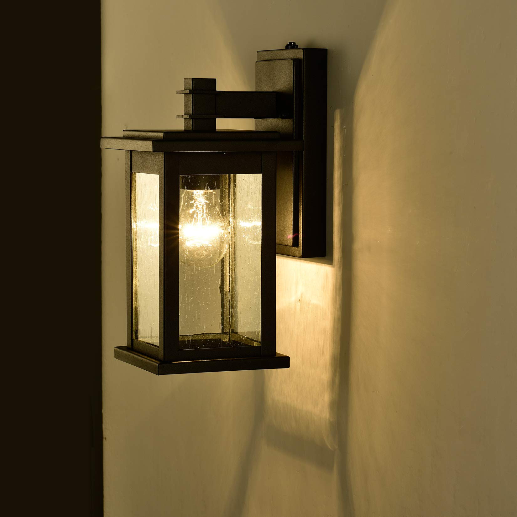 MICSIU Outdoor Wall Sconce, Dusk to Dawn Sensor, Black Metal, Clear Seedy Glass, 12.25 Inch, Model 22031S-BK-P