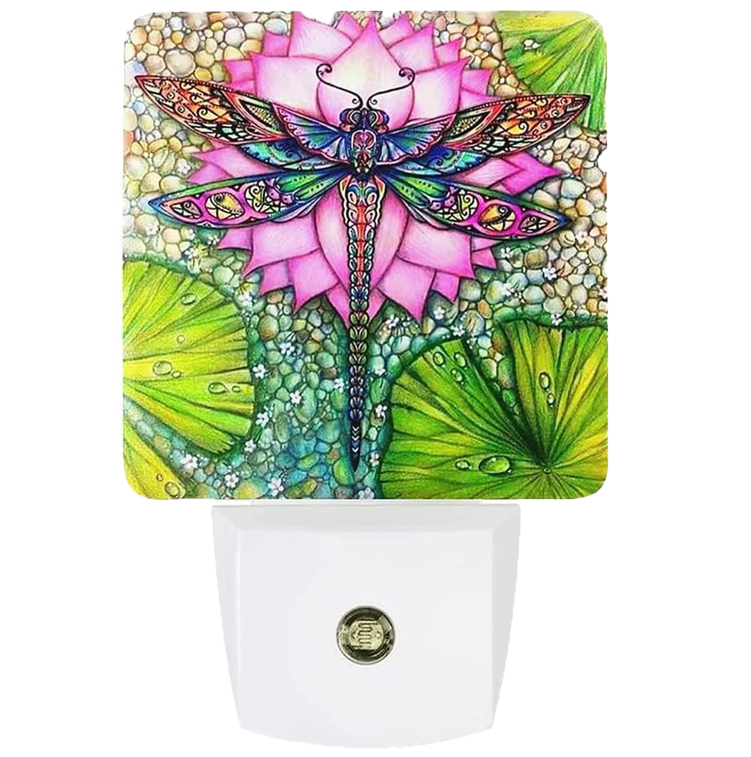 Dragonfly And lotus flower Plug-in LED Night Light,Smart Auto Dusk to Dawn Sensor Nightlights Plug into Wall,White Energy Effici