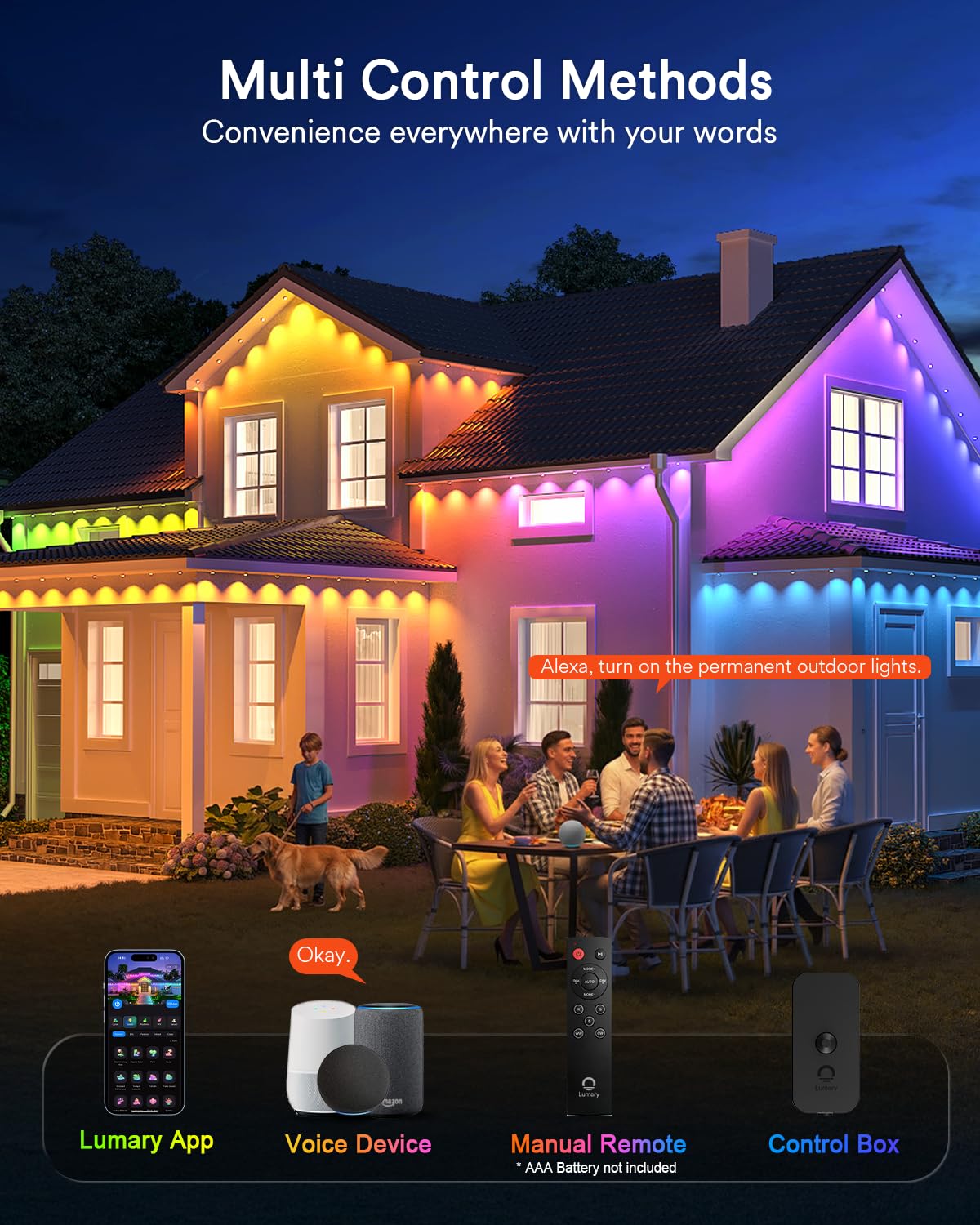 Lumary Smart Outdoor Lights 100ft, 60 RGBAICW LEDs, 3600lm, Remote Control, Black, Gen2-Model L-PO60F2, Perfect for Halloween