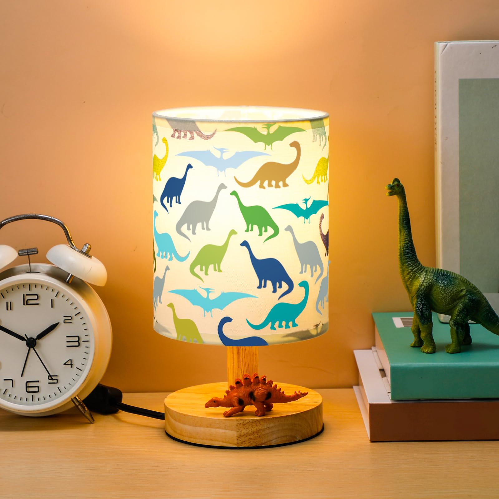 VIHOSE Dinosaur Lamp for Boy Dino Kids Lamp with Linen Wooden Nightstand Cartoon Nursery Light Lampshade for Girls Boys Living R